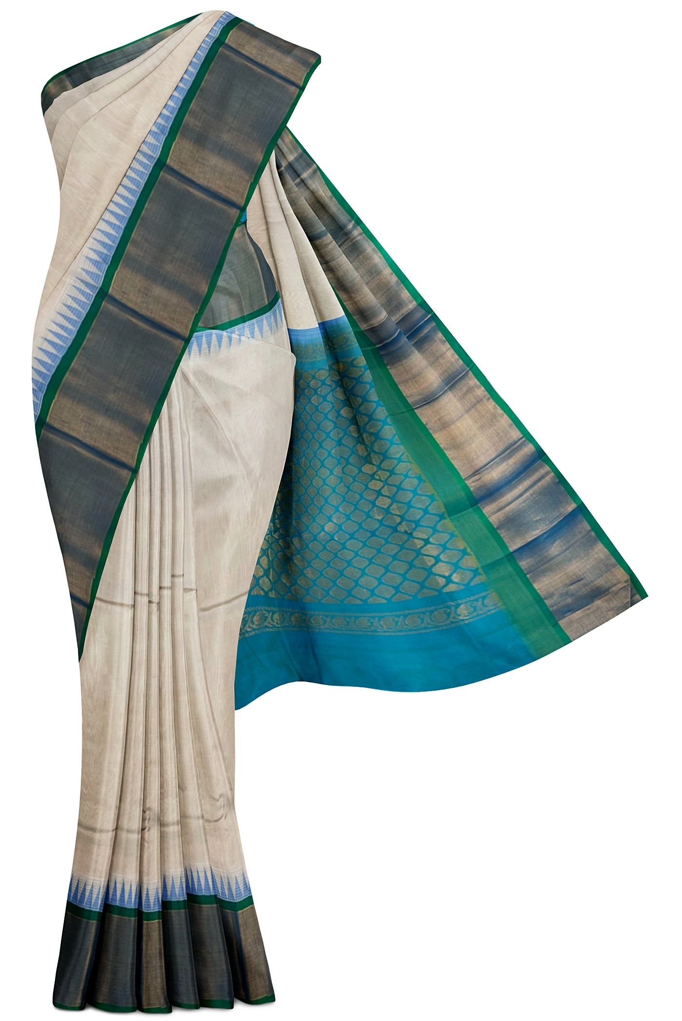Off White Korvai Silk Cotton Saree With Plain Pattern