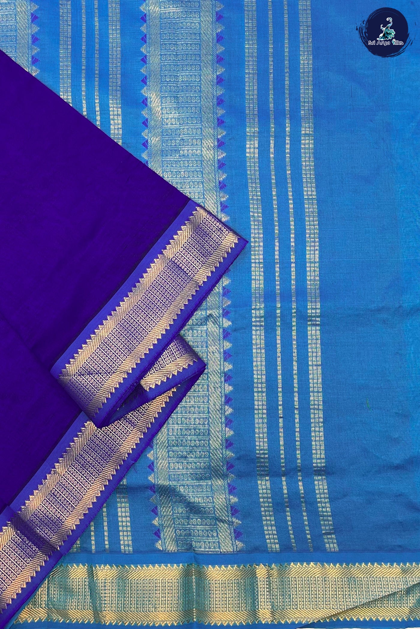 Royal Blue Madisar Semi Silk Cotton Saree With Plain Pattern