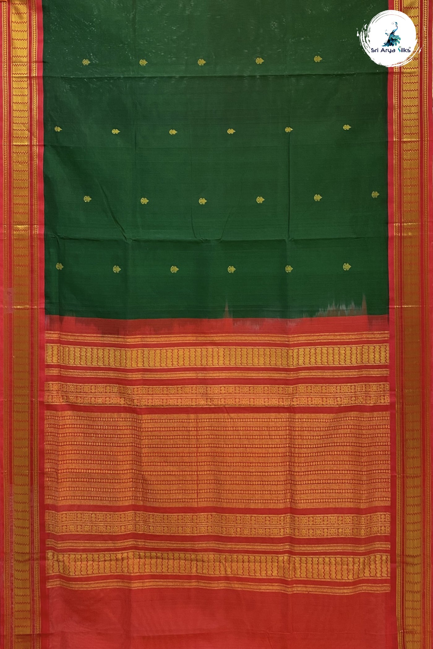 Bottle Green Korvai Silk Cotton Saree With Zari Buttas Pattern