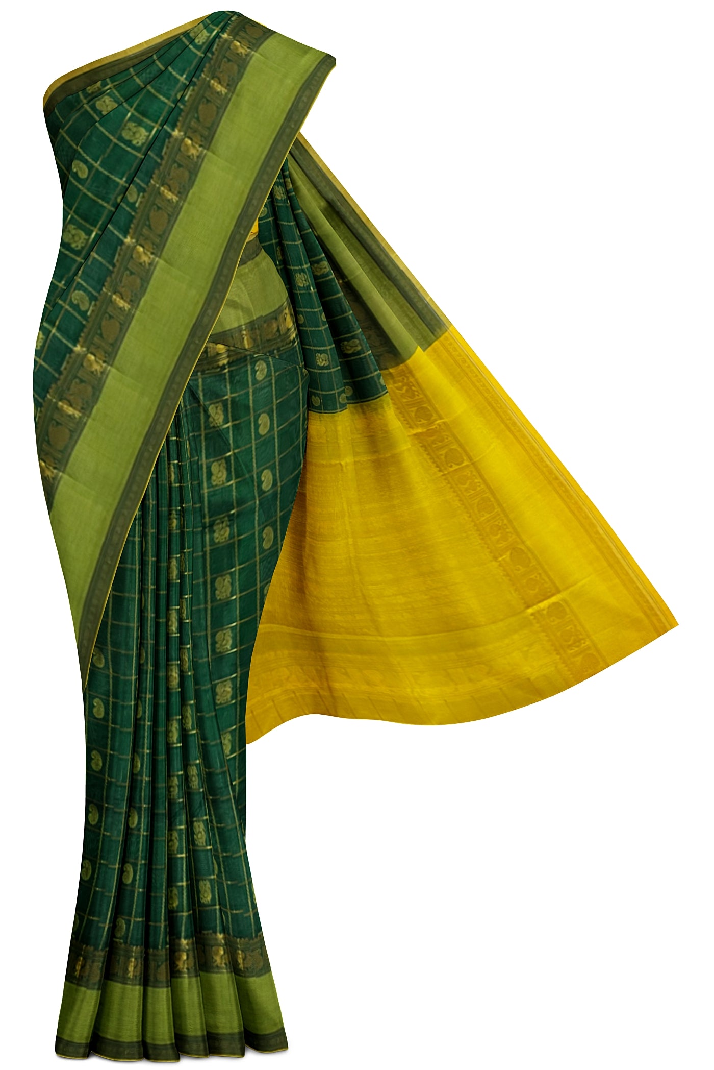 Bottle Green Checked Saree With Zari Buttas Pattern