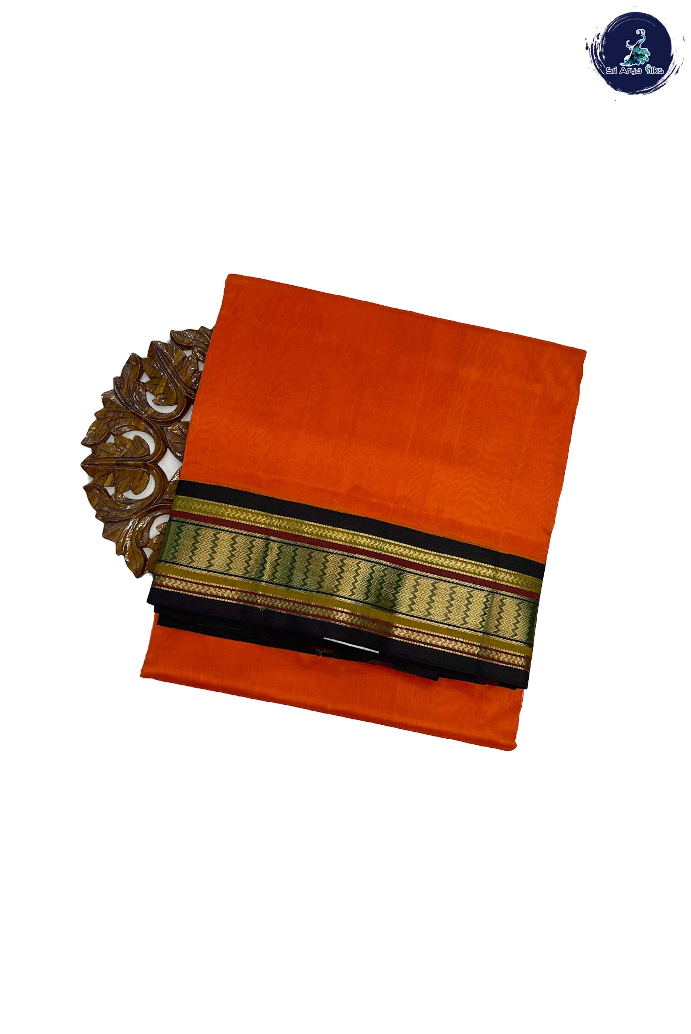 Orange Korvai Silk Cotton Saree With Plain Pattern