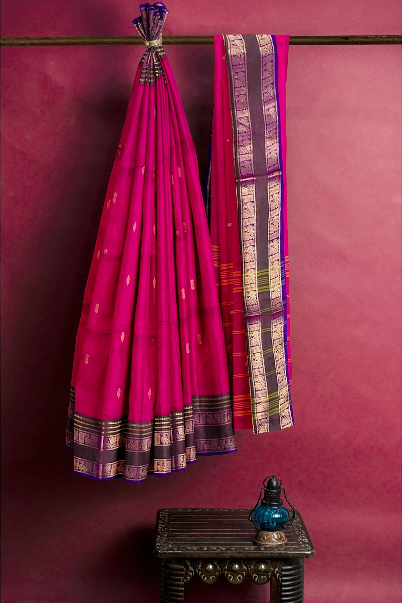 Dark Pink Cotton Saree With Zari Buttas Pattern