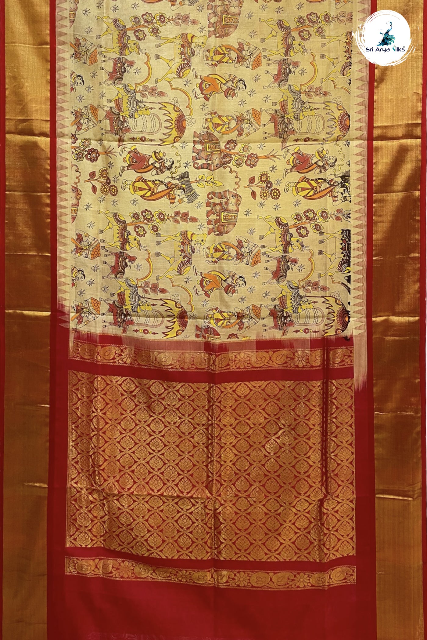 Fawn Korvai Silk Cotton Saree With Kalamkari Pattern