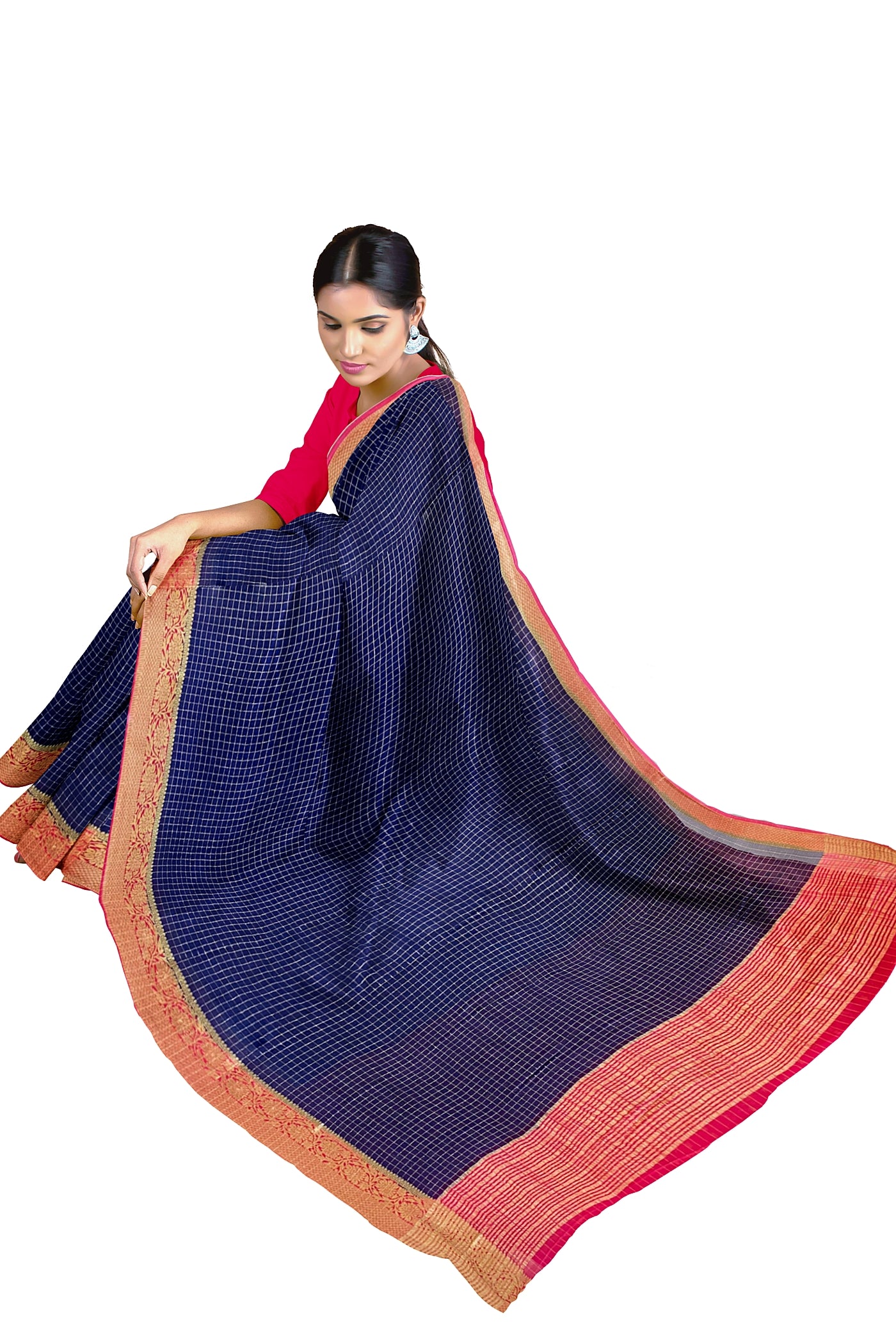 Dark Blue Georgette Banarasi Saree With Zari Checked Pattern