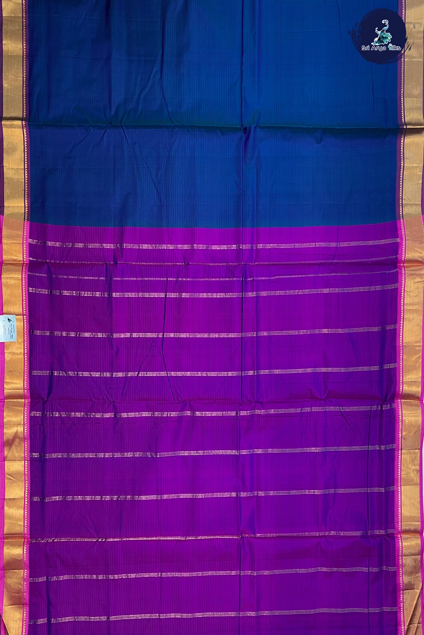 Navy Blue Madisar 10 Yards Silk Saree With Plain Pattern