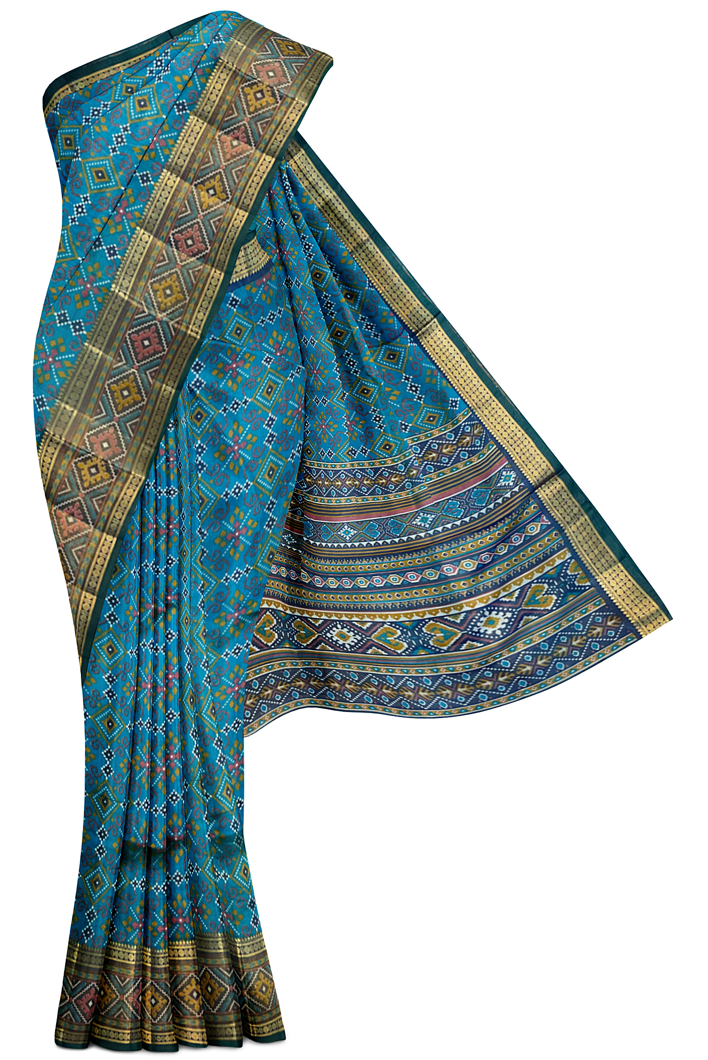 Sapphire Green Pochampally Saree With Patola Pattern
