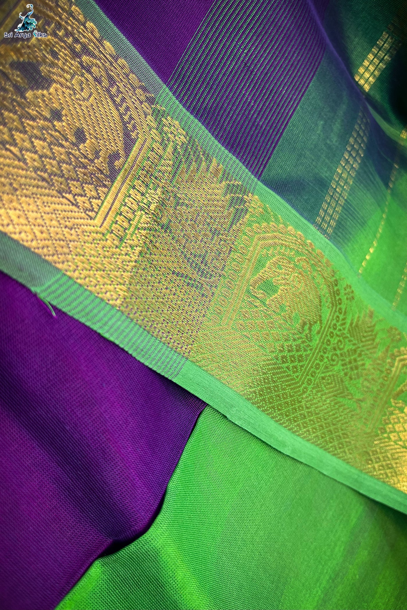 Brinjal and Green Silk cotton Saree