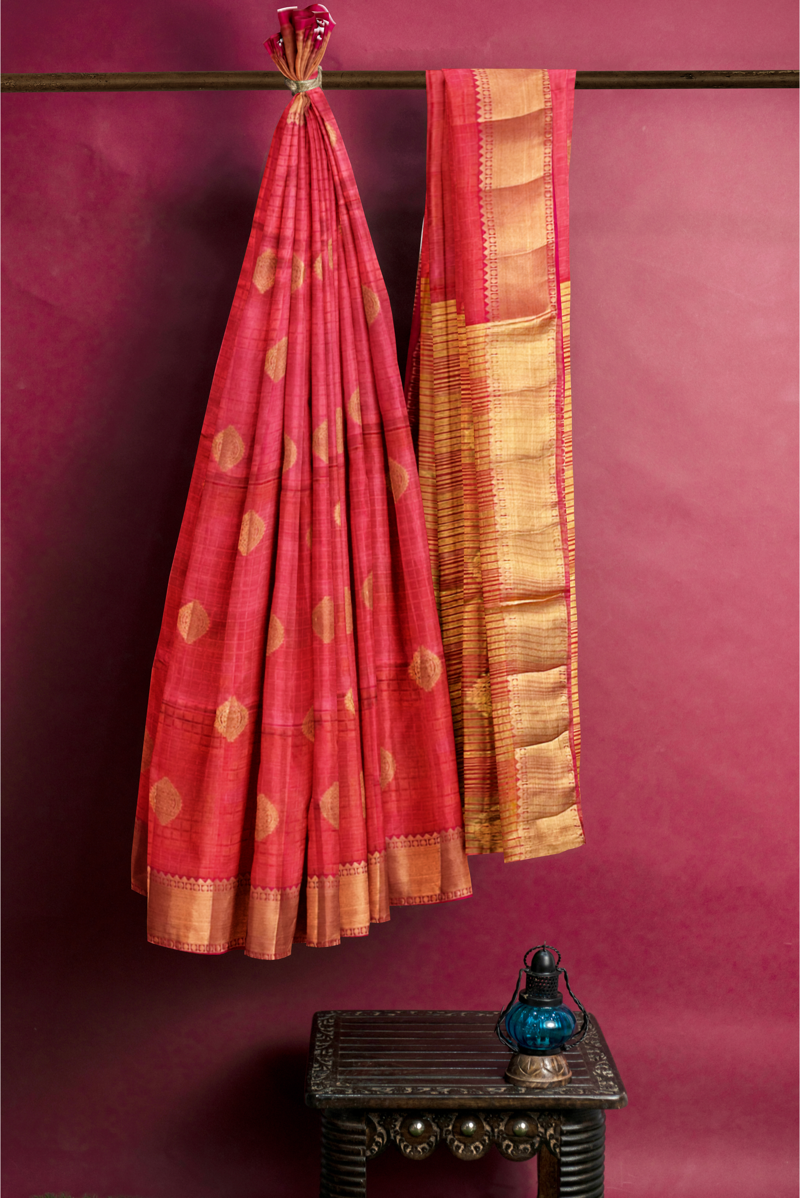 Peachpink Tussar Saree With Embossed Pattern