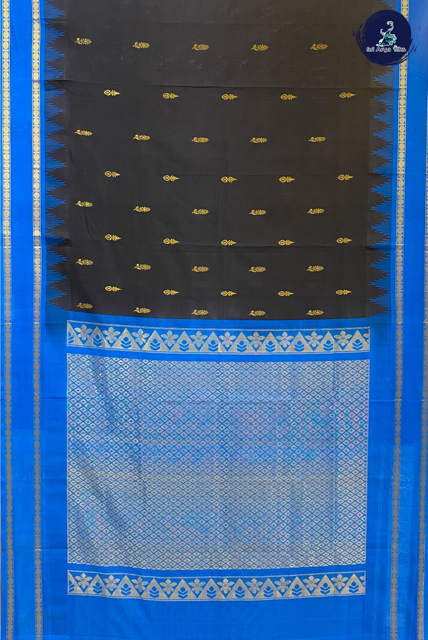 Black Korvai Silk Cotton Saree With Checked Pattern