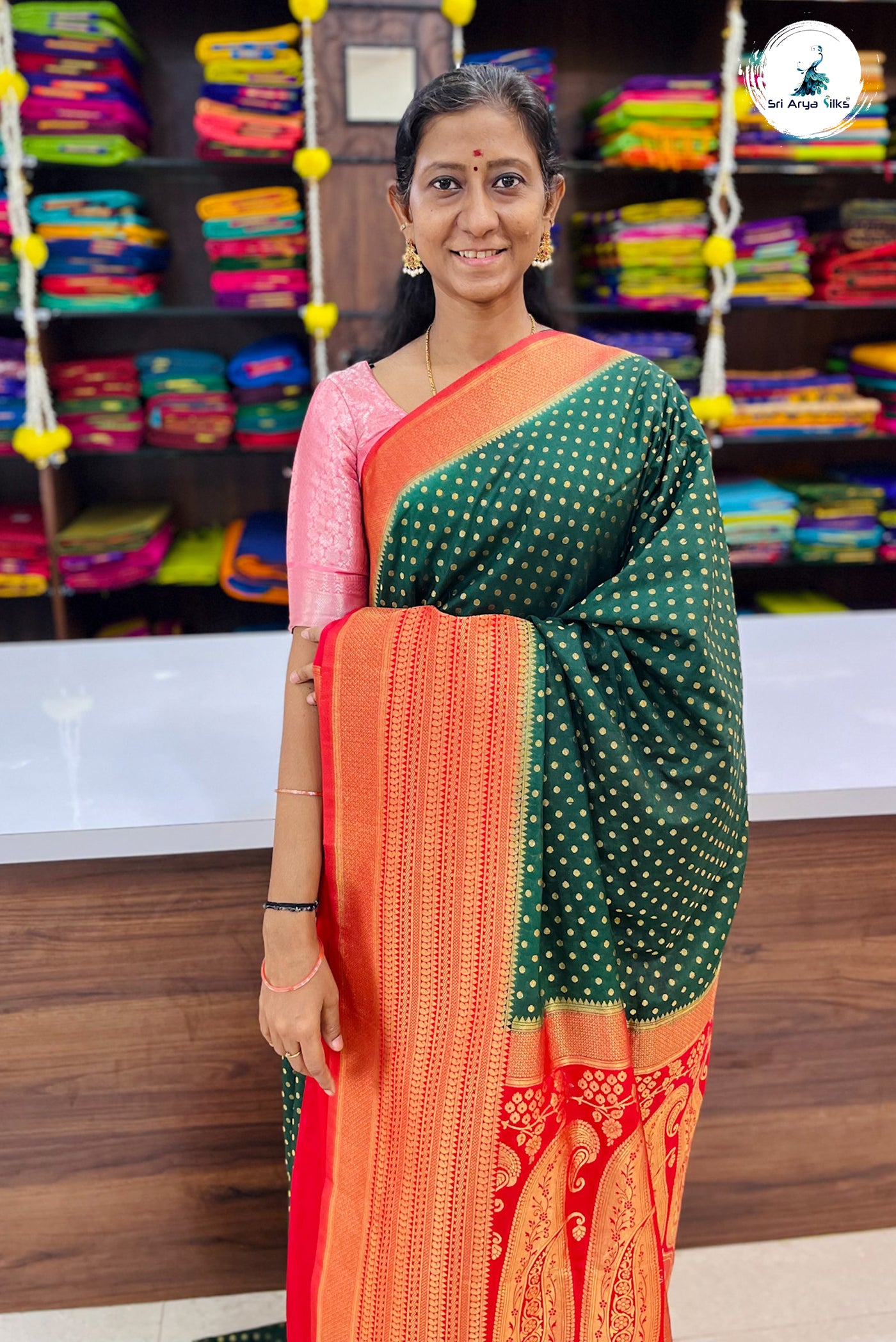 Dark Pink Semi Banarasi Saree With Zari Buttas Pattern