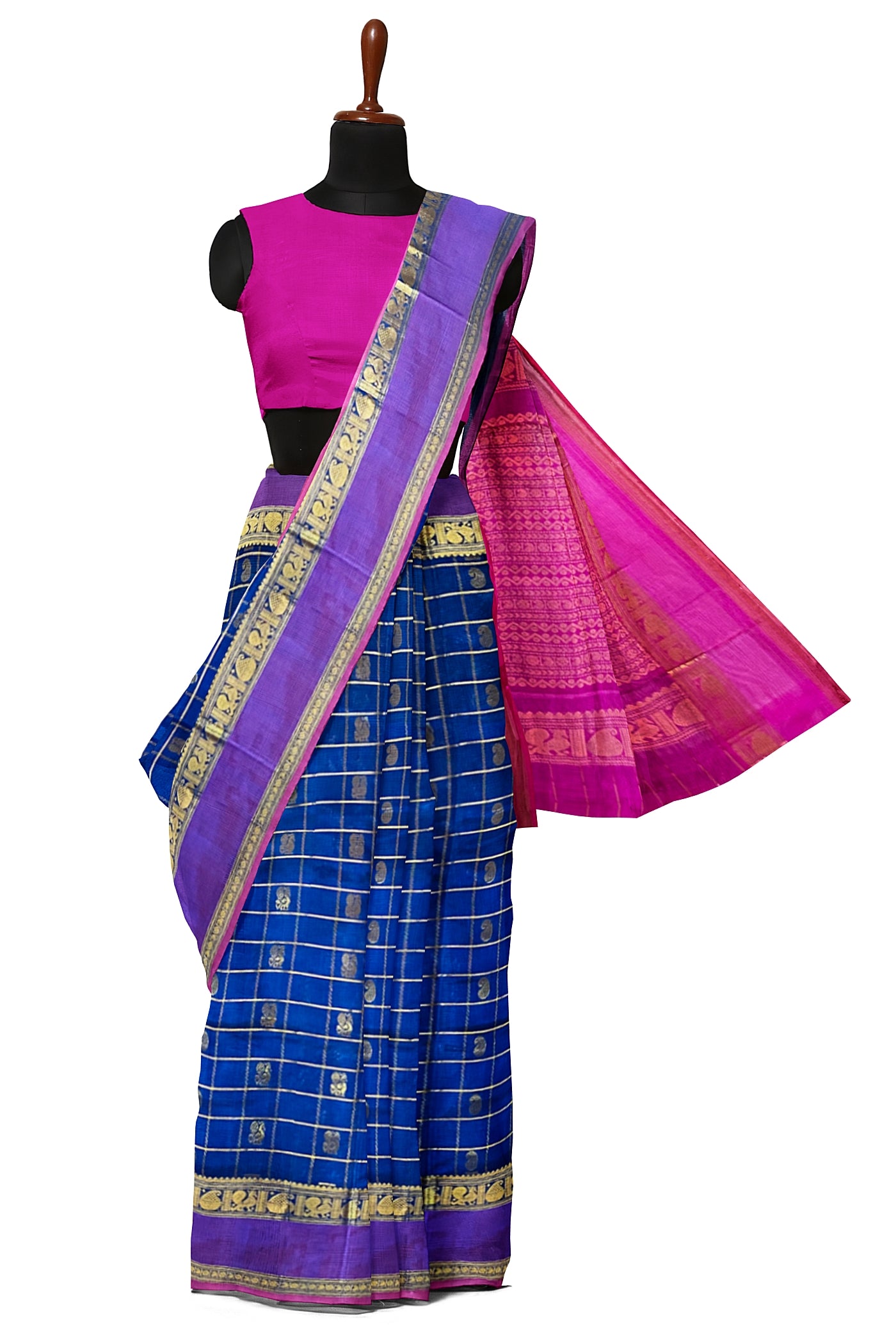Sapphire Blue Checked Saree With Zari Buttas Pattern