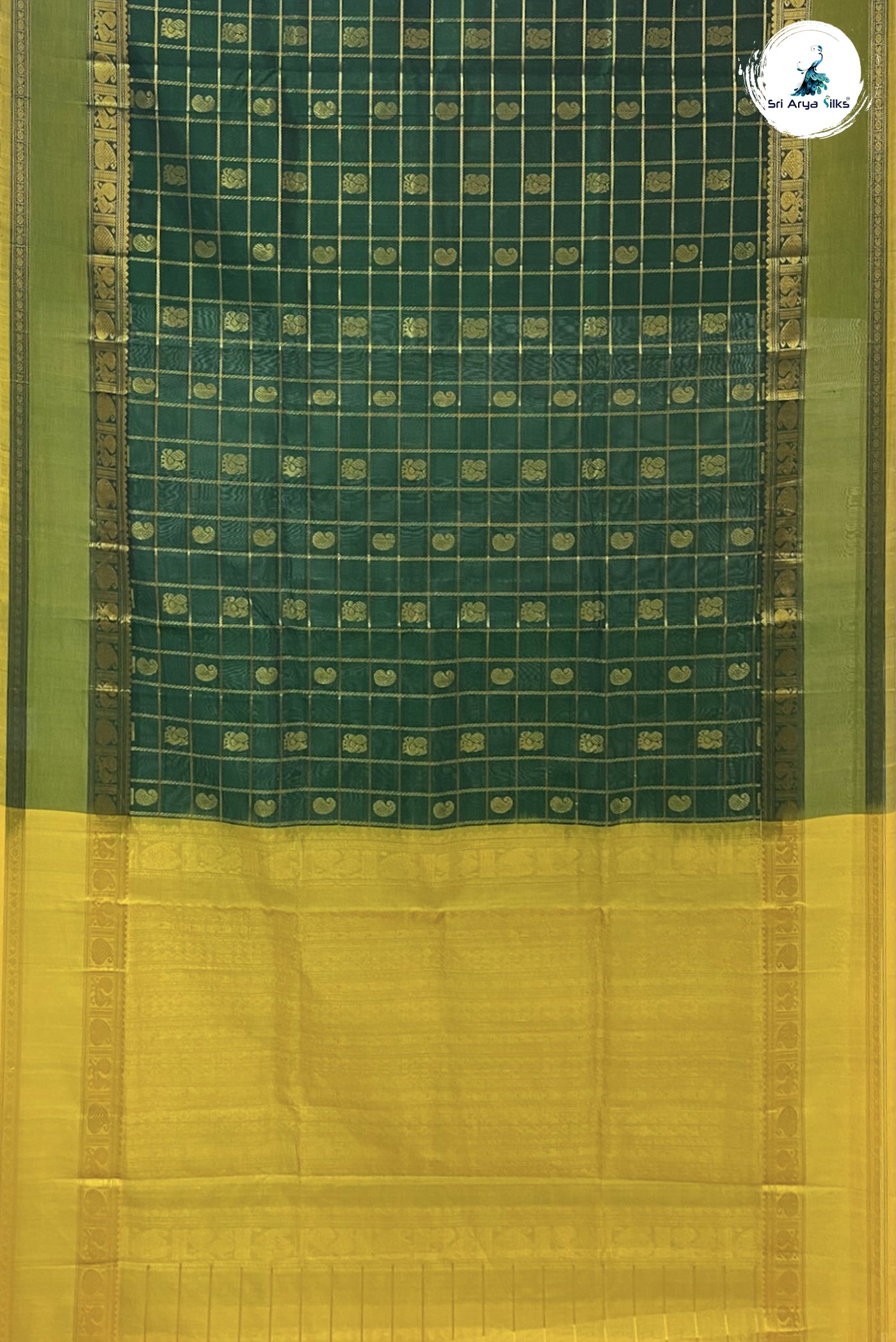 Bottle Green Checked Saree With Zari Buttas Pattern