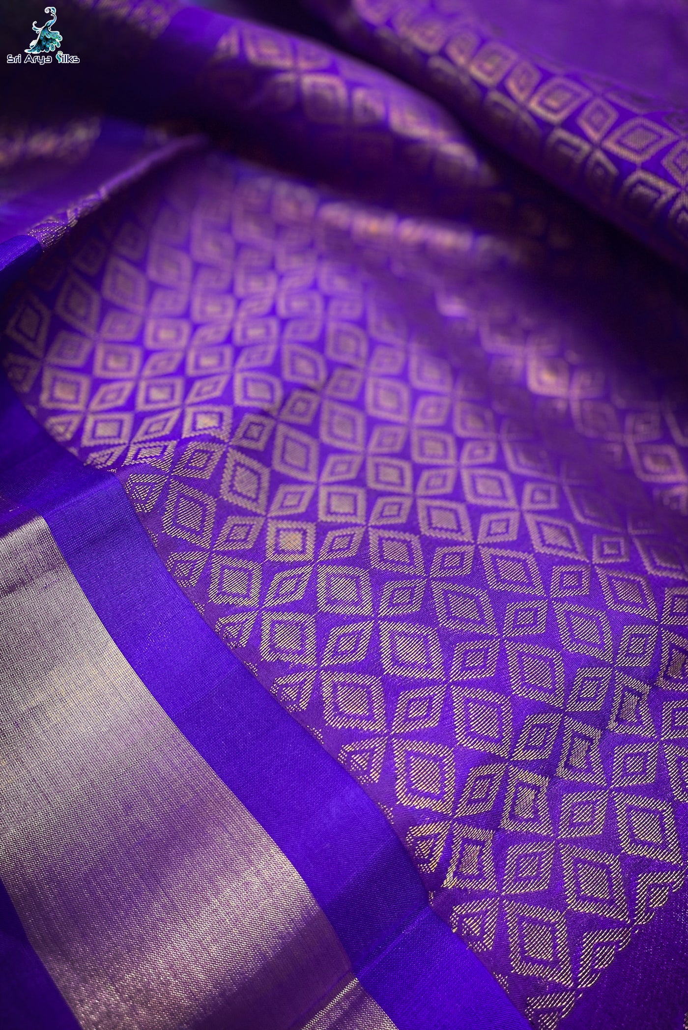 Greenish Grey & Violet Embosed Kanchipuram Silk Cotton Saree.