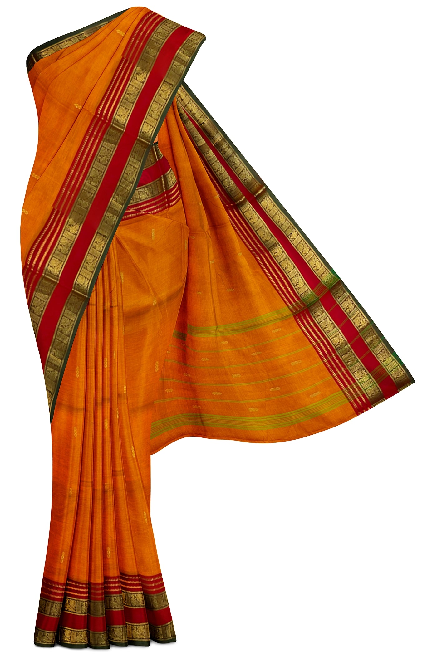 Lite Mustard Orange Cotton Saree With Zari Buttas Pattern