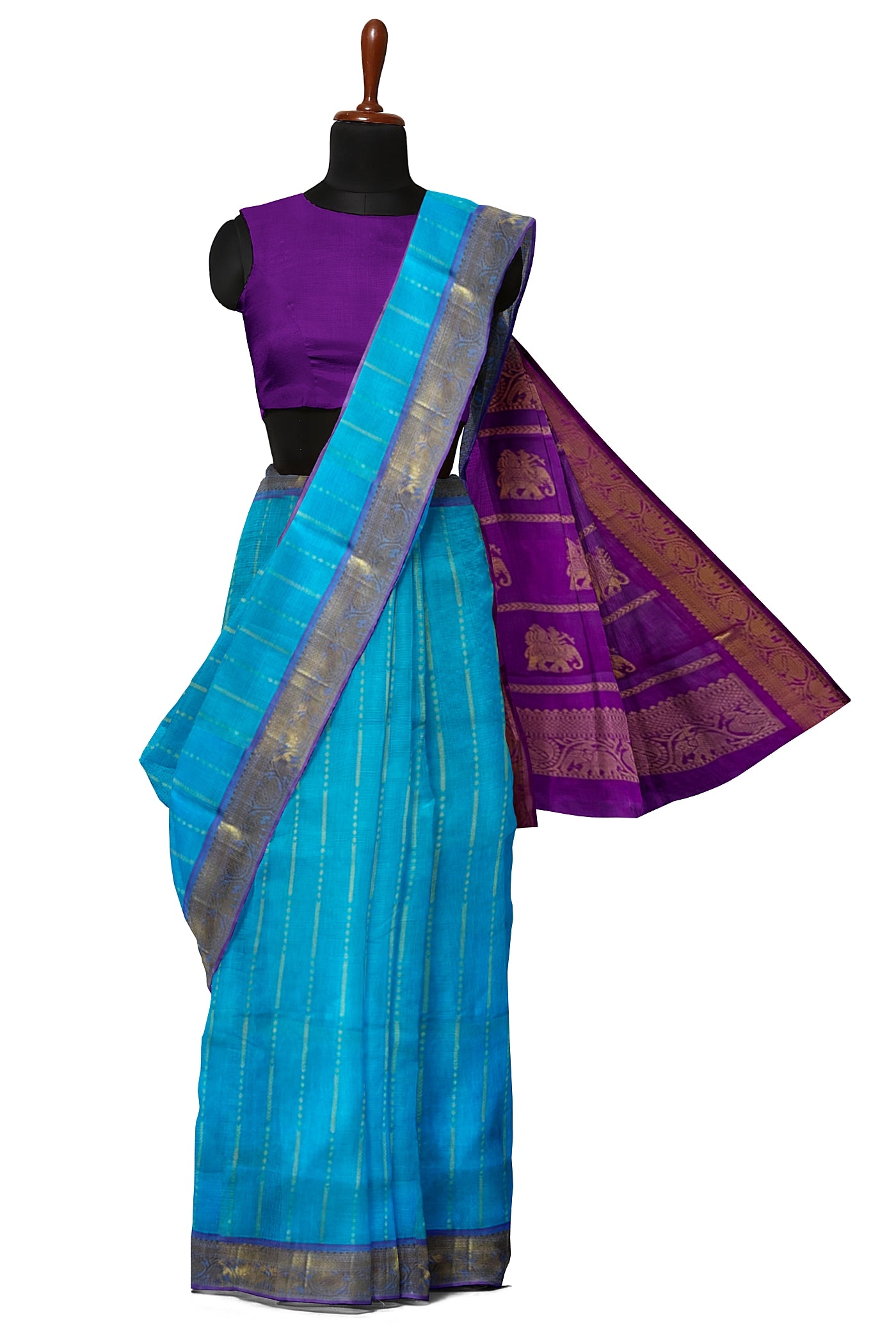 Sea Blue Silk Cotton Saree With Stripes Pattern
