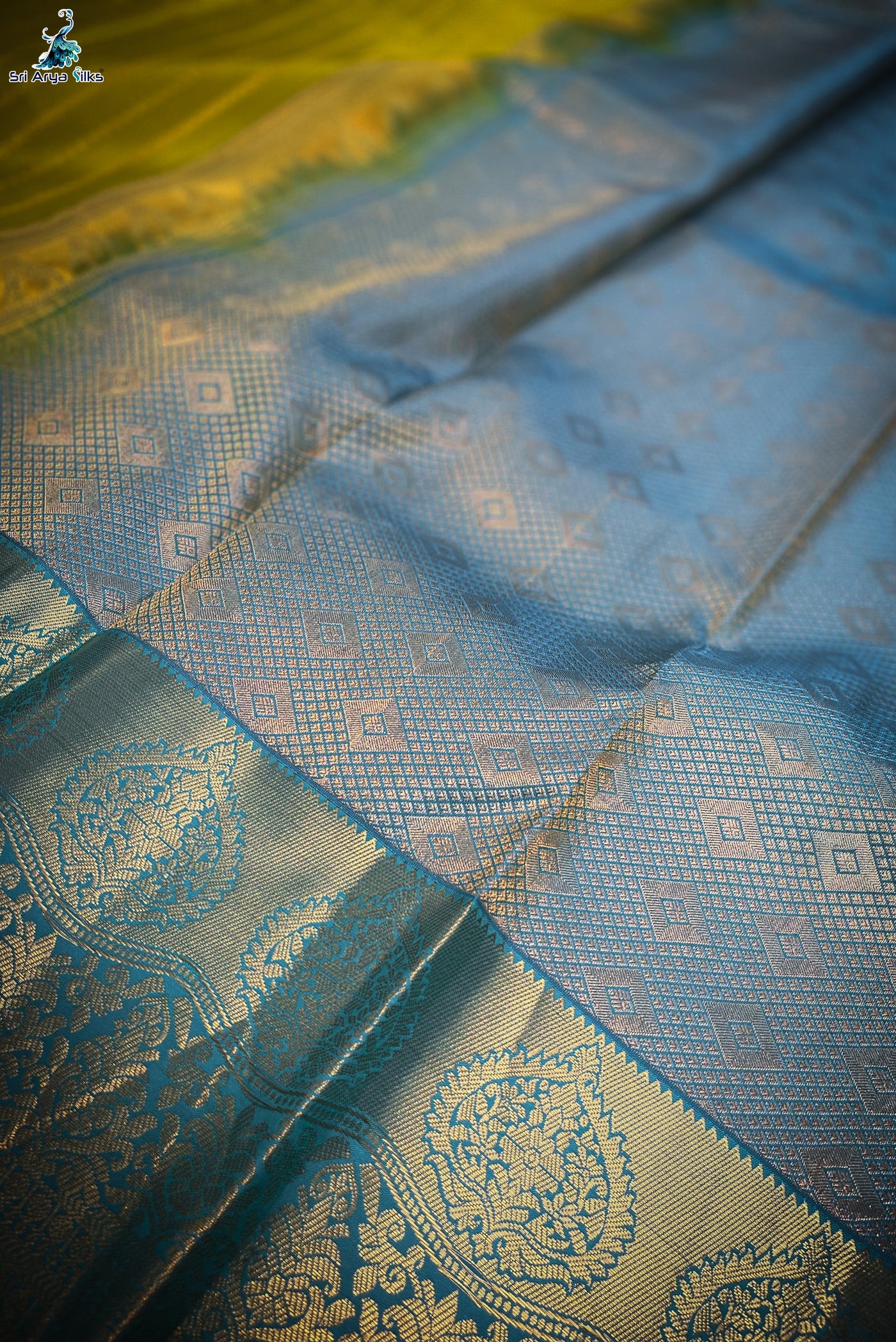 Light Green and Teal Blue Kanchipuram silk saree