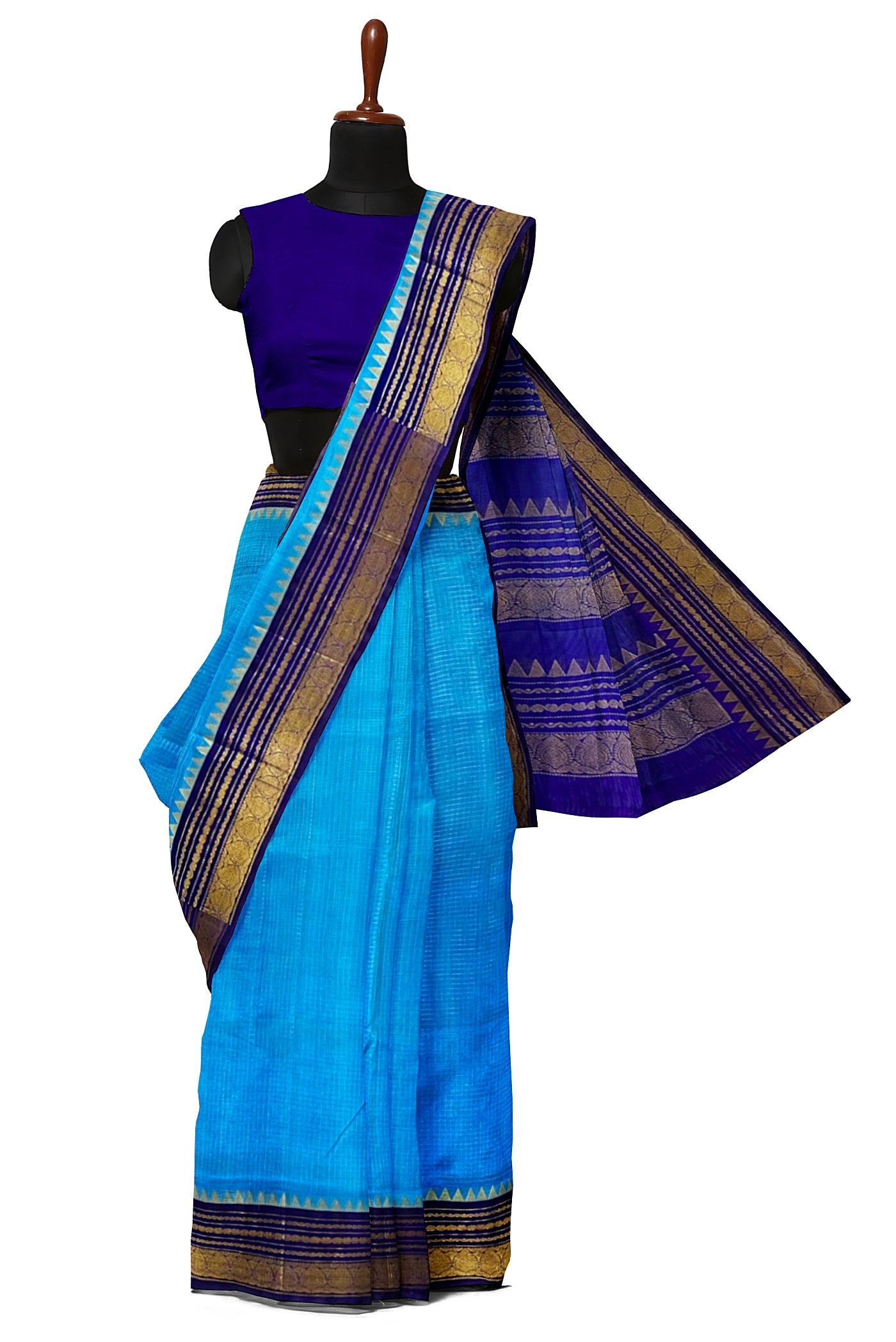 Sky Blue Korvai Silk Cotton Saree With Zari Checked Pattern