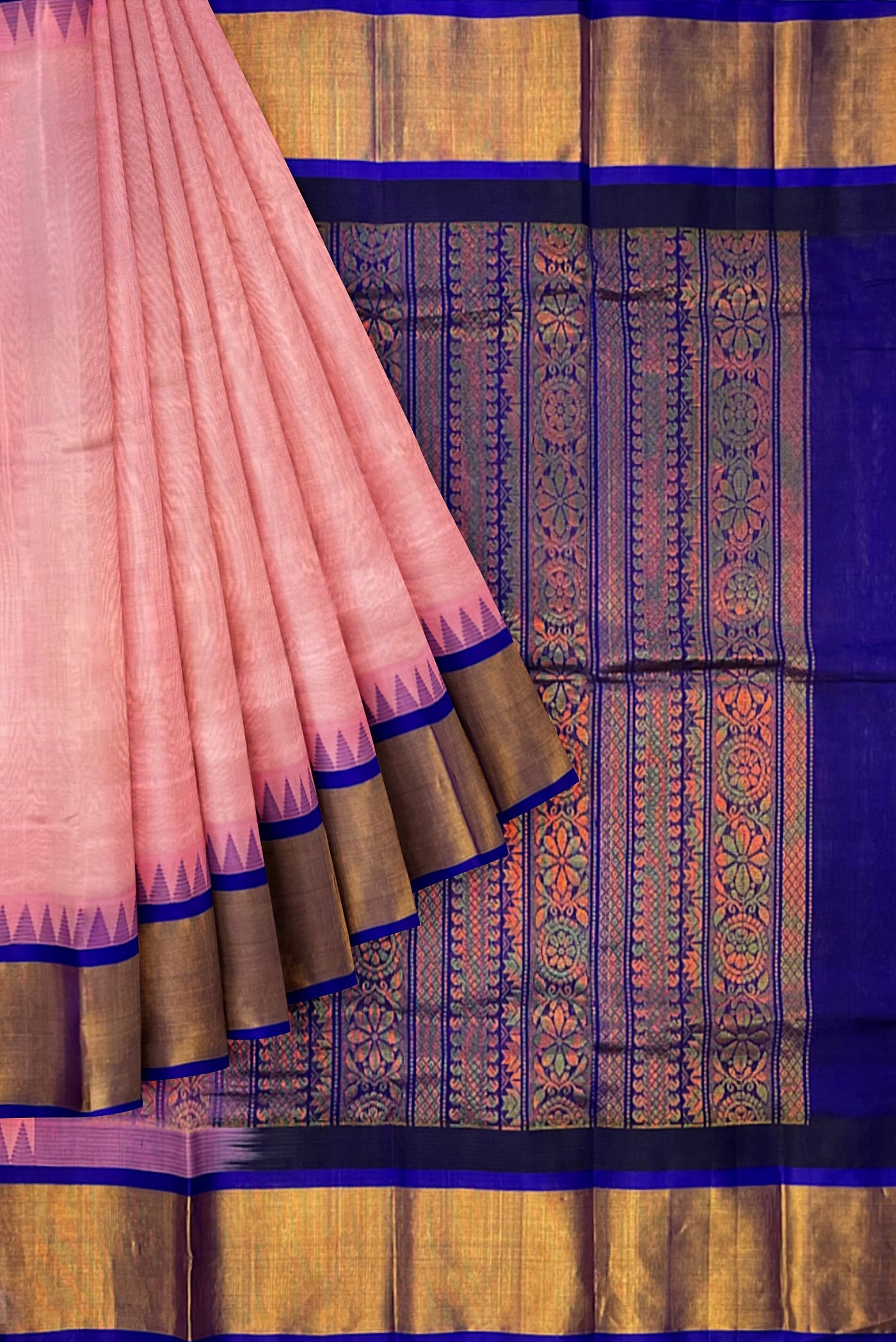 Blush Pink Korvai Silk Cotton Saree With Plain Pattern