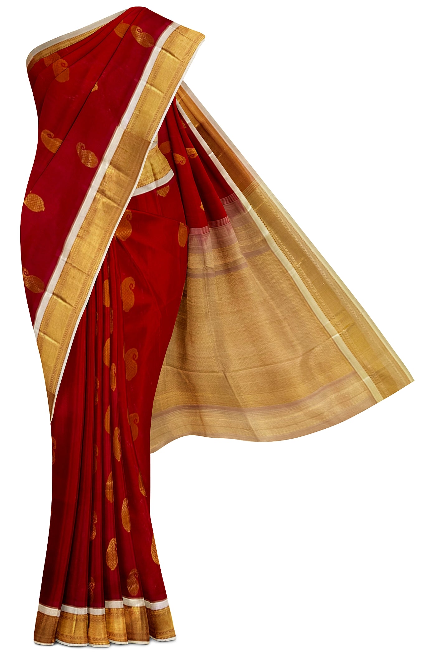 Bright Red Silk Cotton Saree With Zari Buttas Pattern