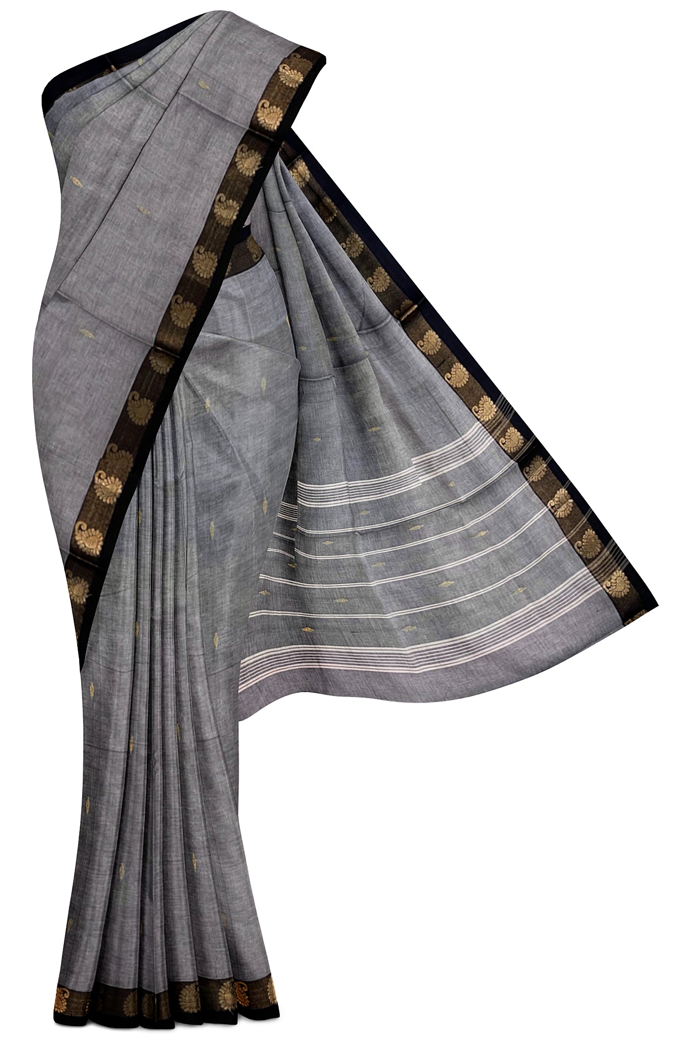 Grey Cotton Saree With Zari Buttas Pattern