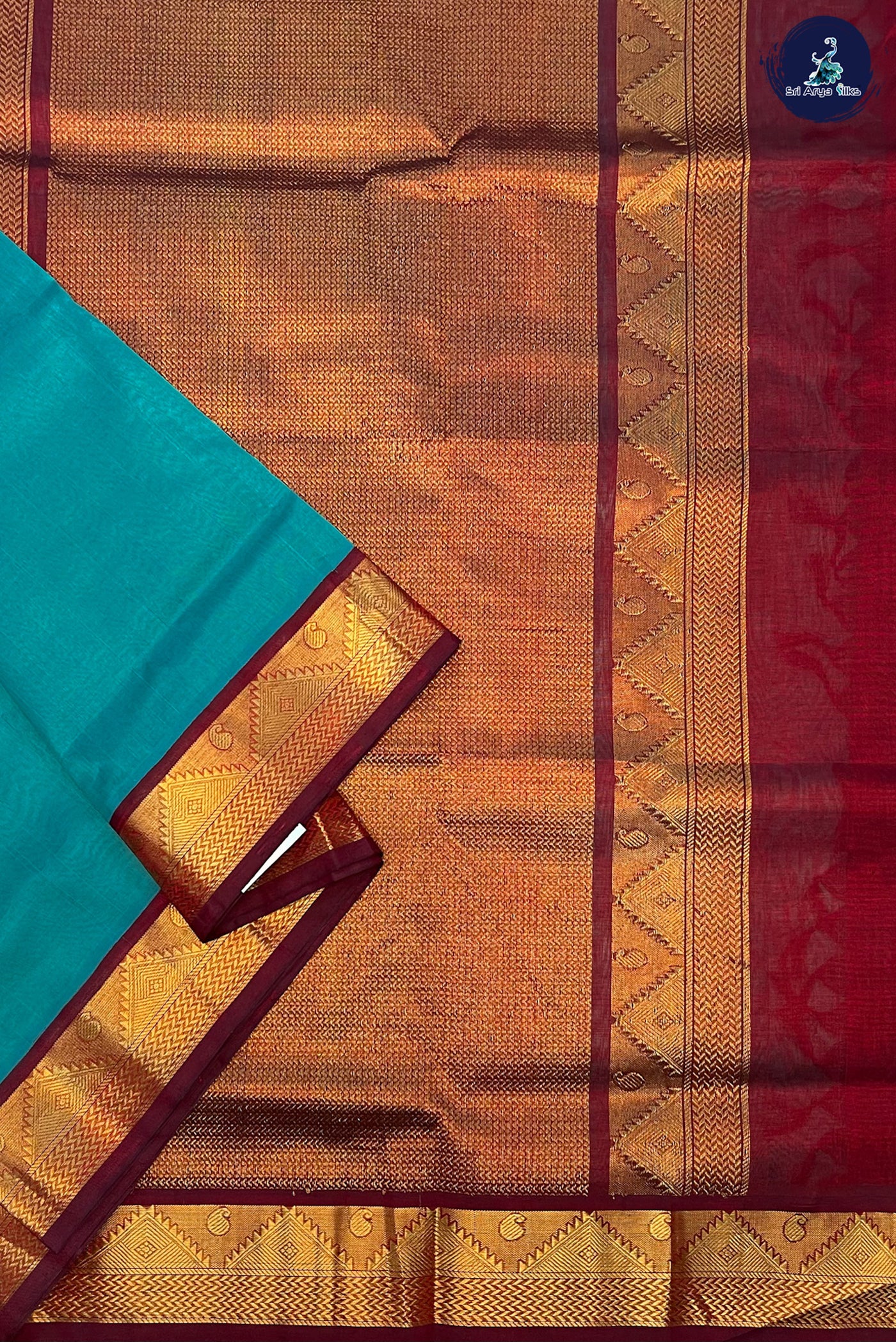 Turquoise Korvai Silk Cotton Saree With Plain Pattern