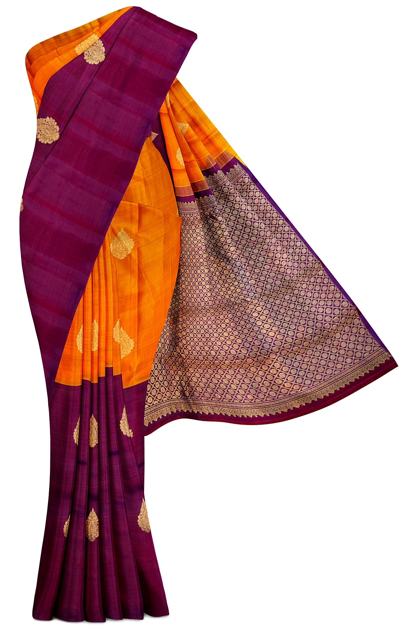Mango Yellow and Purple Half and Half Pure Kanchipuram Silk Saree