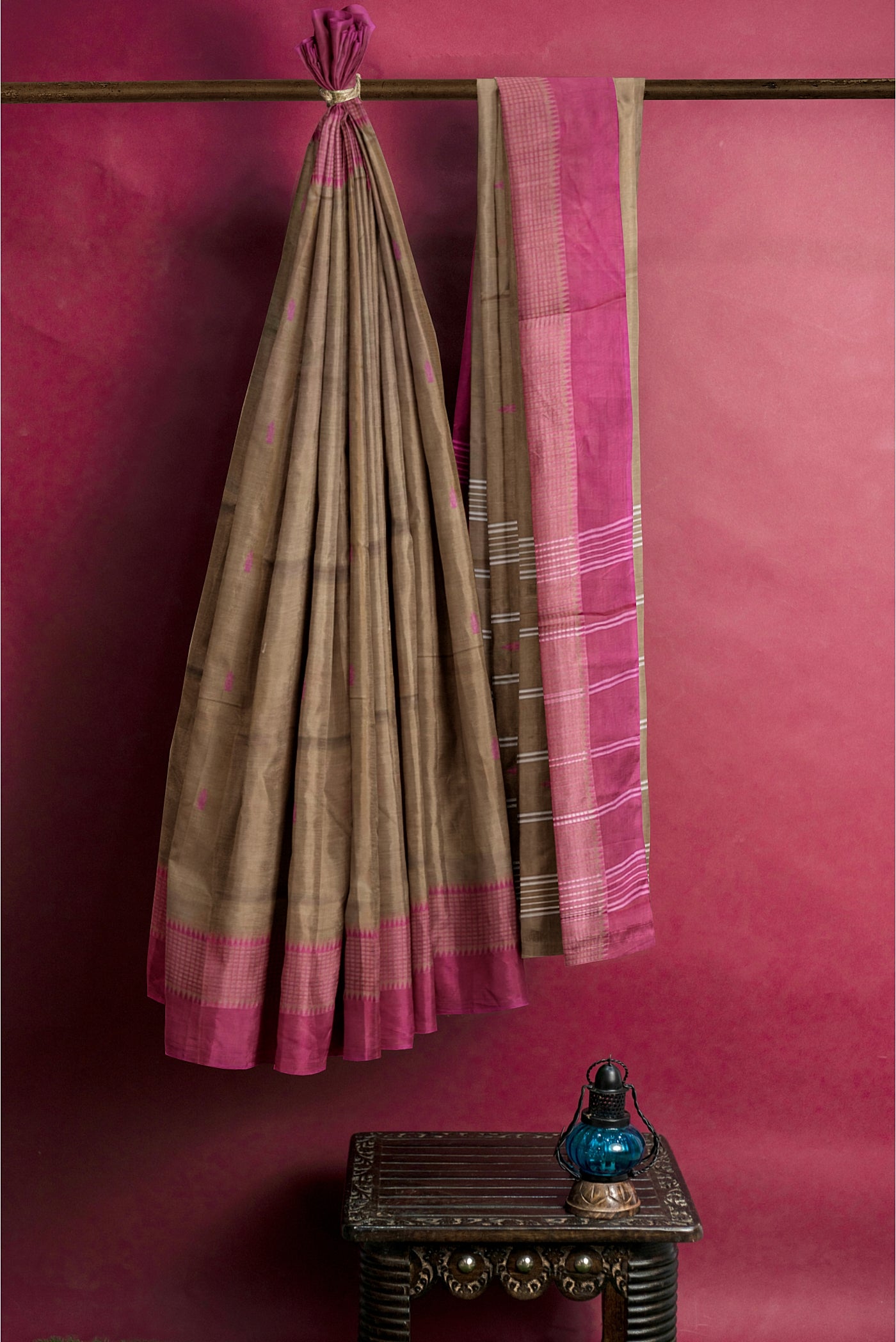 Light Brown Cotton Saree With Buttas Pattern