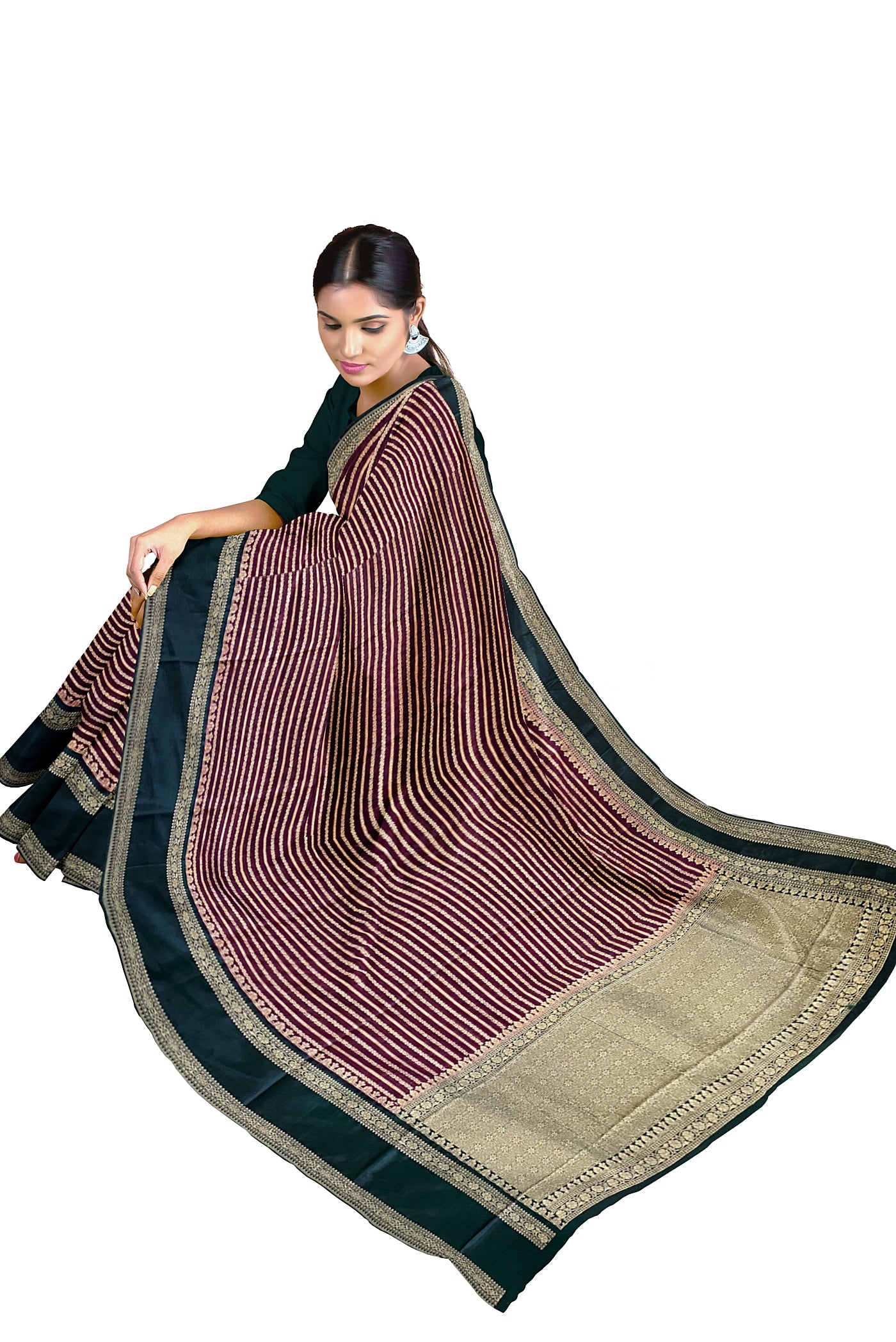 Grape Wine Semi Banarasi Saree With Zari Checked Pattern