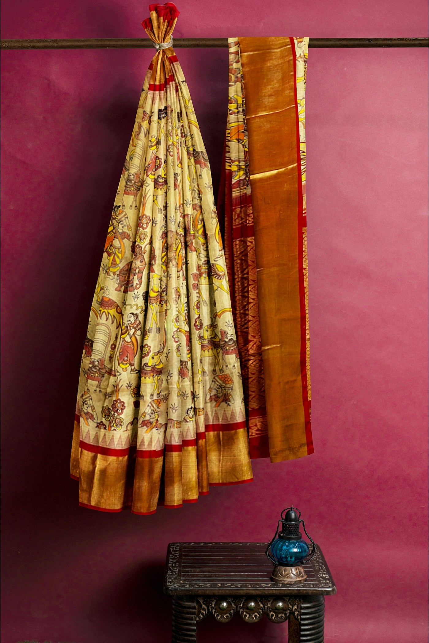 Fawn Korvai Silk Cotton Saree With Kalamkari Pattern