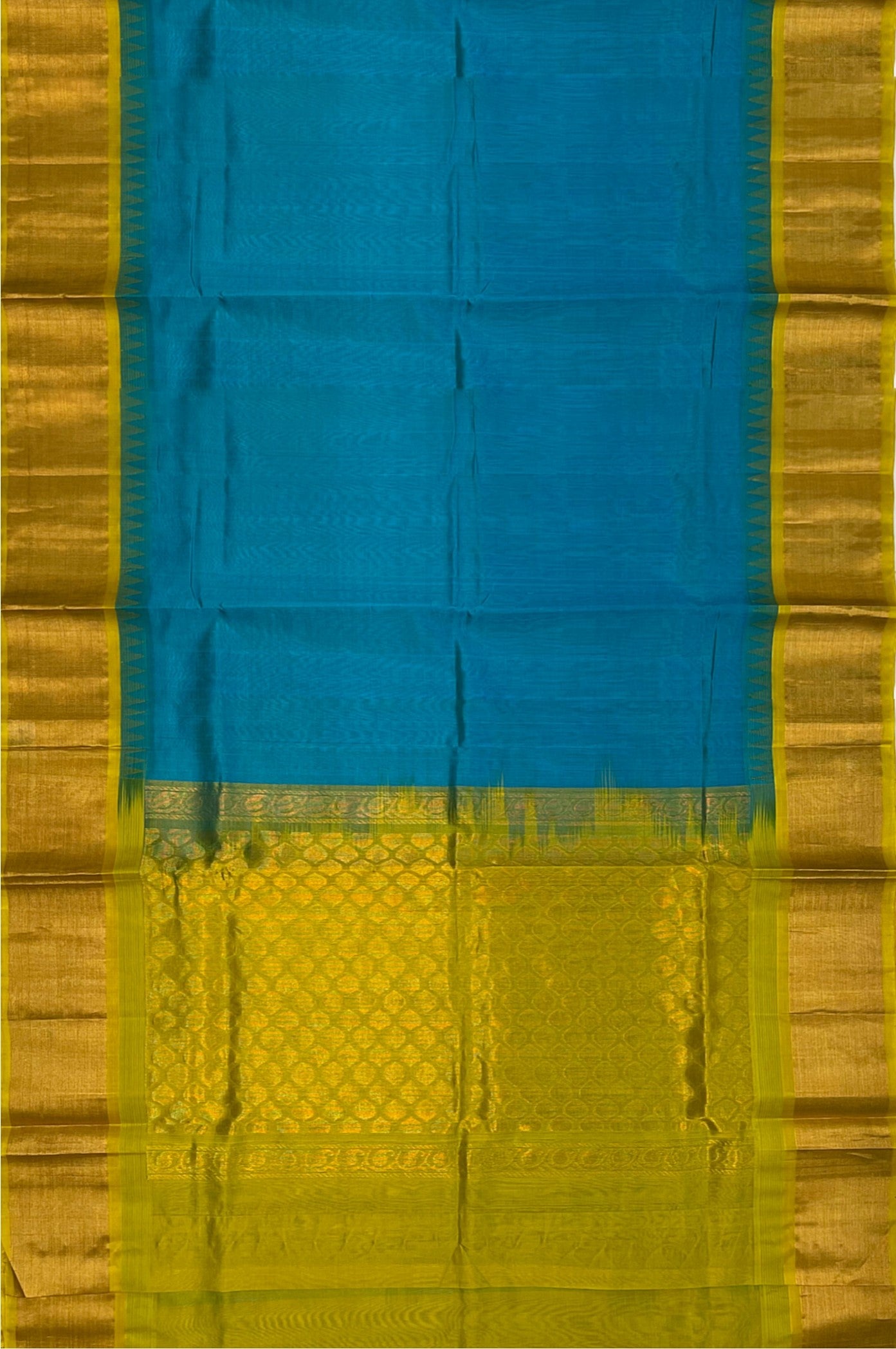 Turquoise Korvai Silk Cotton Saree With Plain Pattern