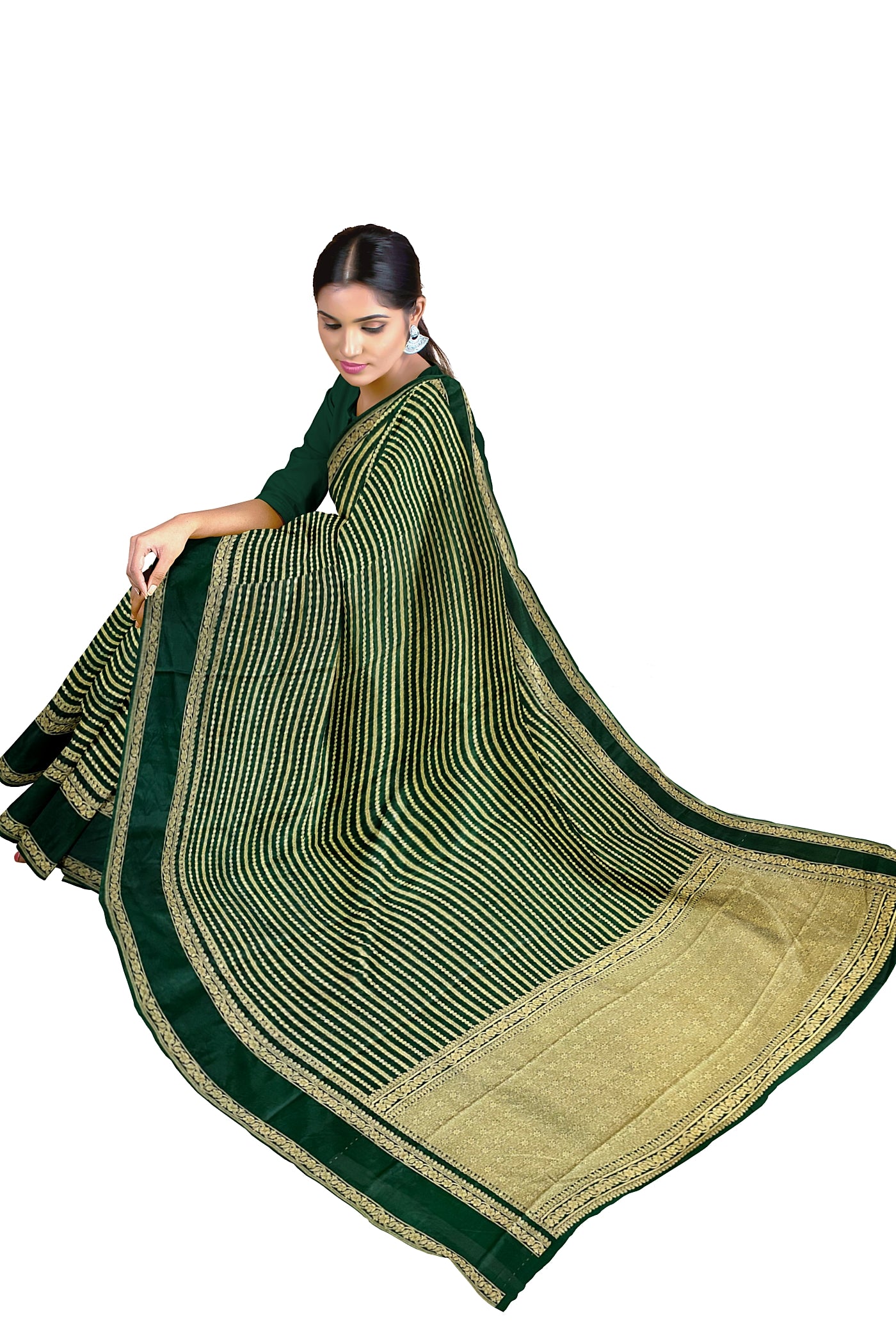 Bottle Green Georgette Banarasi Saree With Zari Checked Pattern