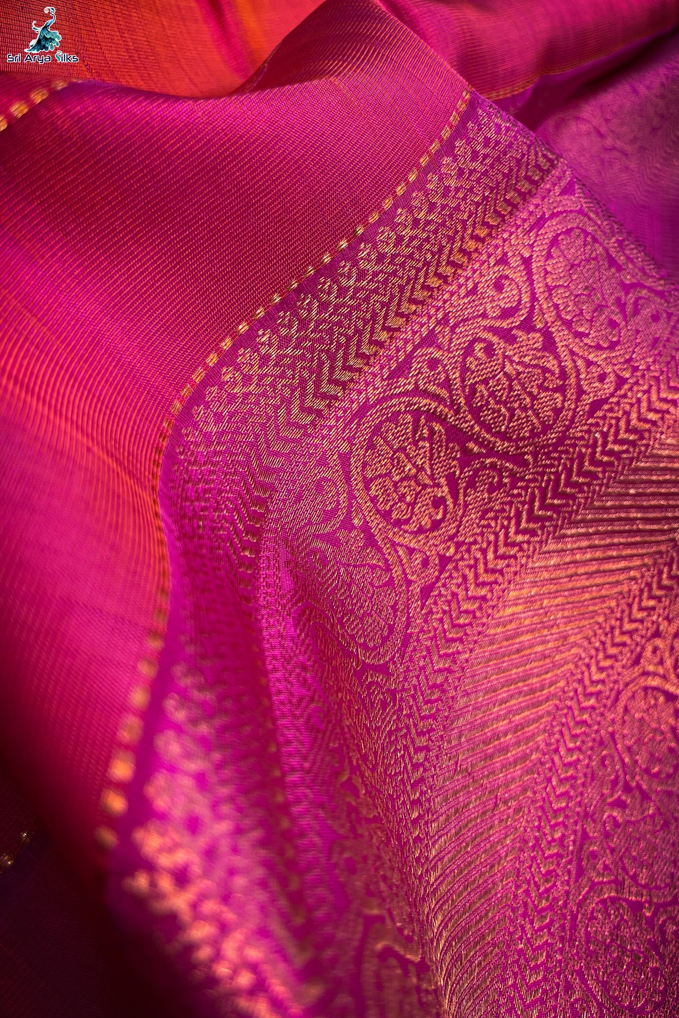 Orange Korvai Contrast Silk Saree With Pink Blouse & Buttas Pattern