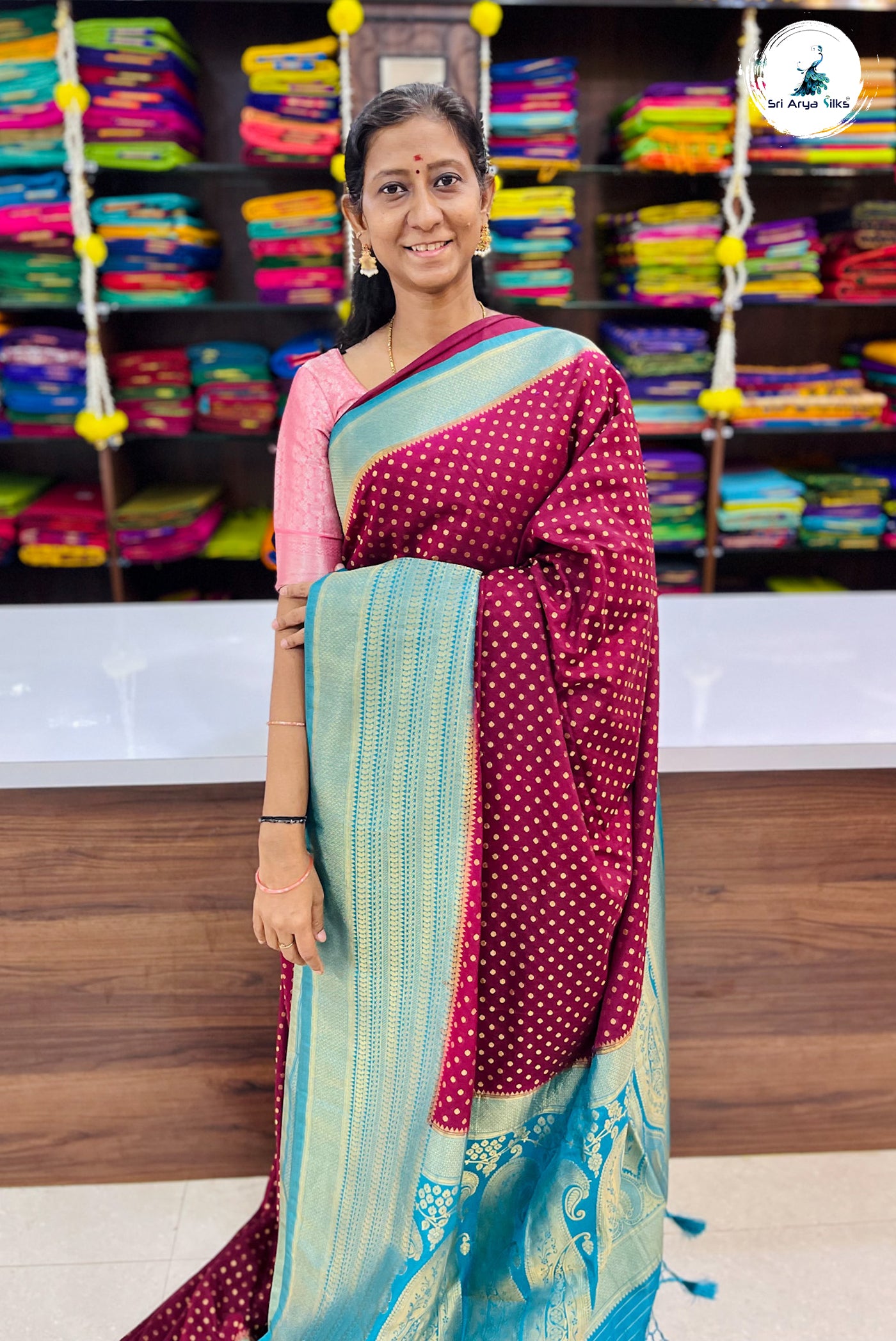 Maroon Semi Banarasi Saree With Zari Buttas Pattern