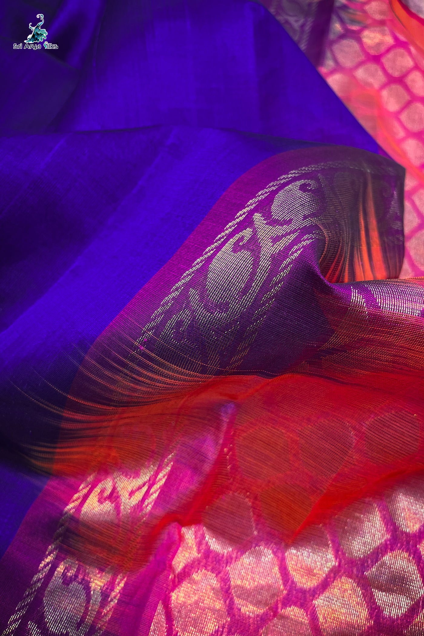 Navy Blue Korvai Silk Cotton Saree With Plain Pattern