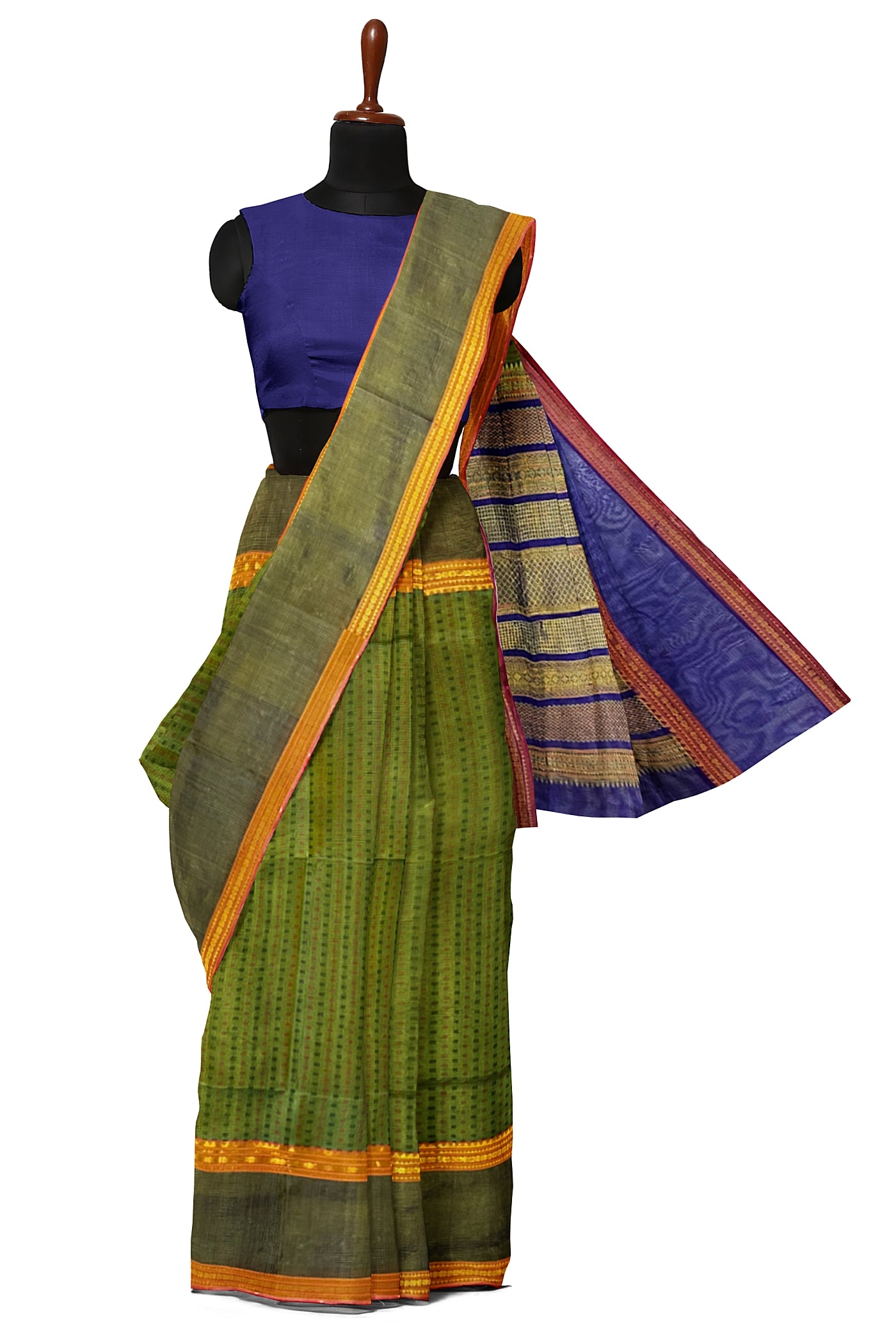 Olive Green Silk Cotton Saree With Meenakari Work Pattern