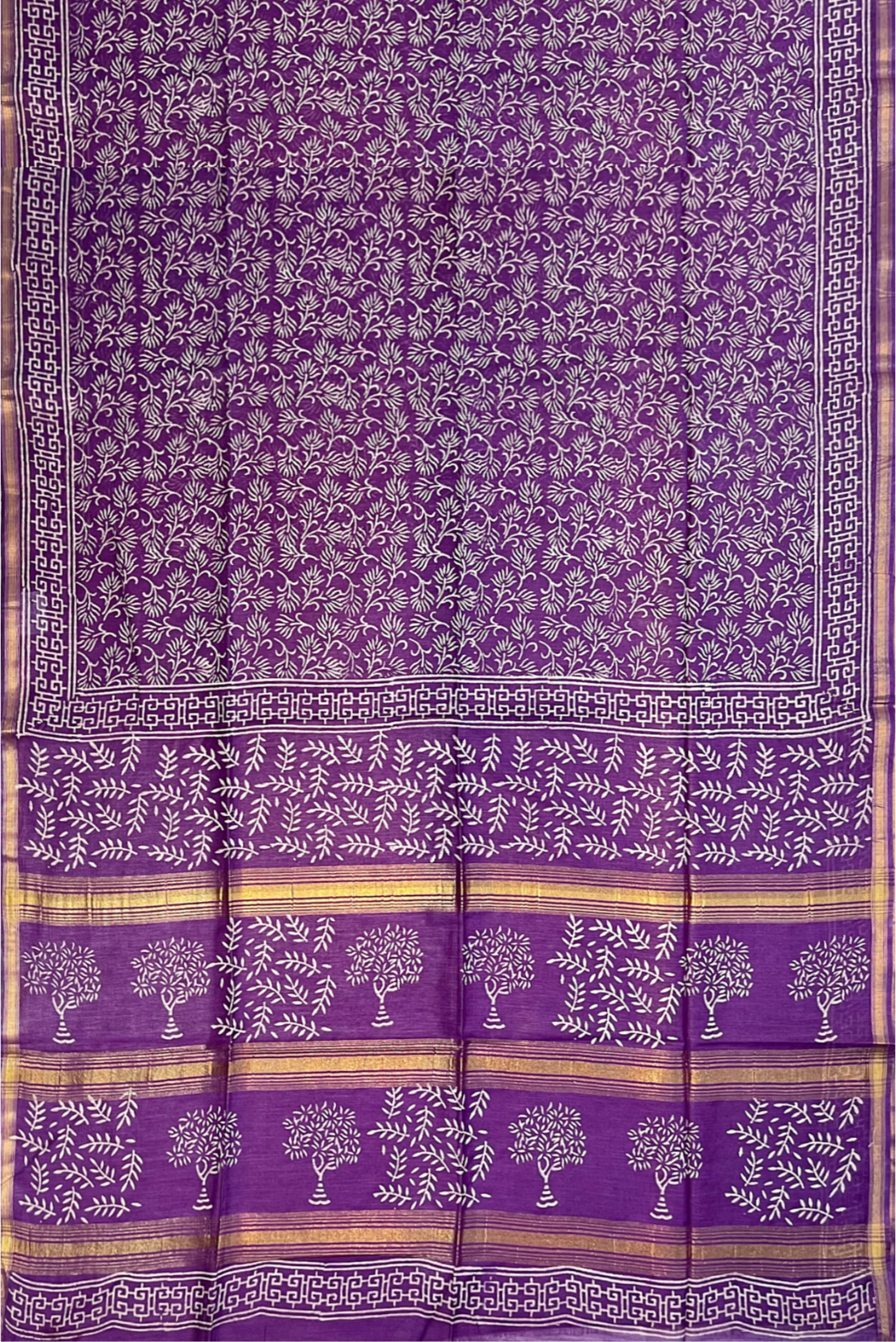 Dark Plum Chanderi Silk Cotton Saree With Ajrakh Print Pattern