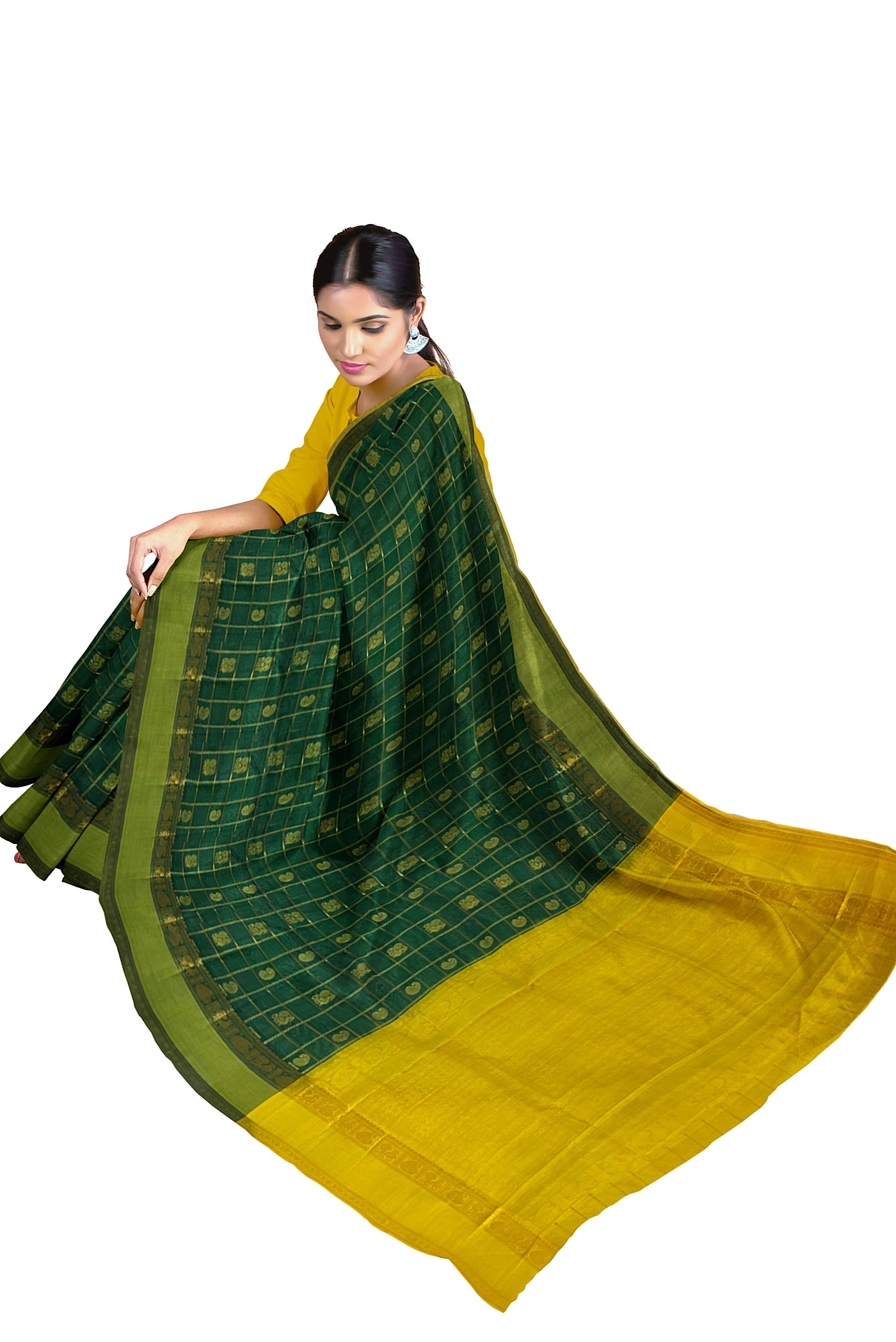 Bottle Green Checked Saree With Zari Buttas Pattern