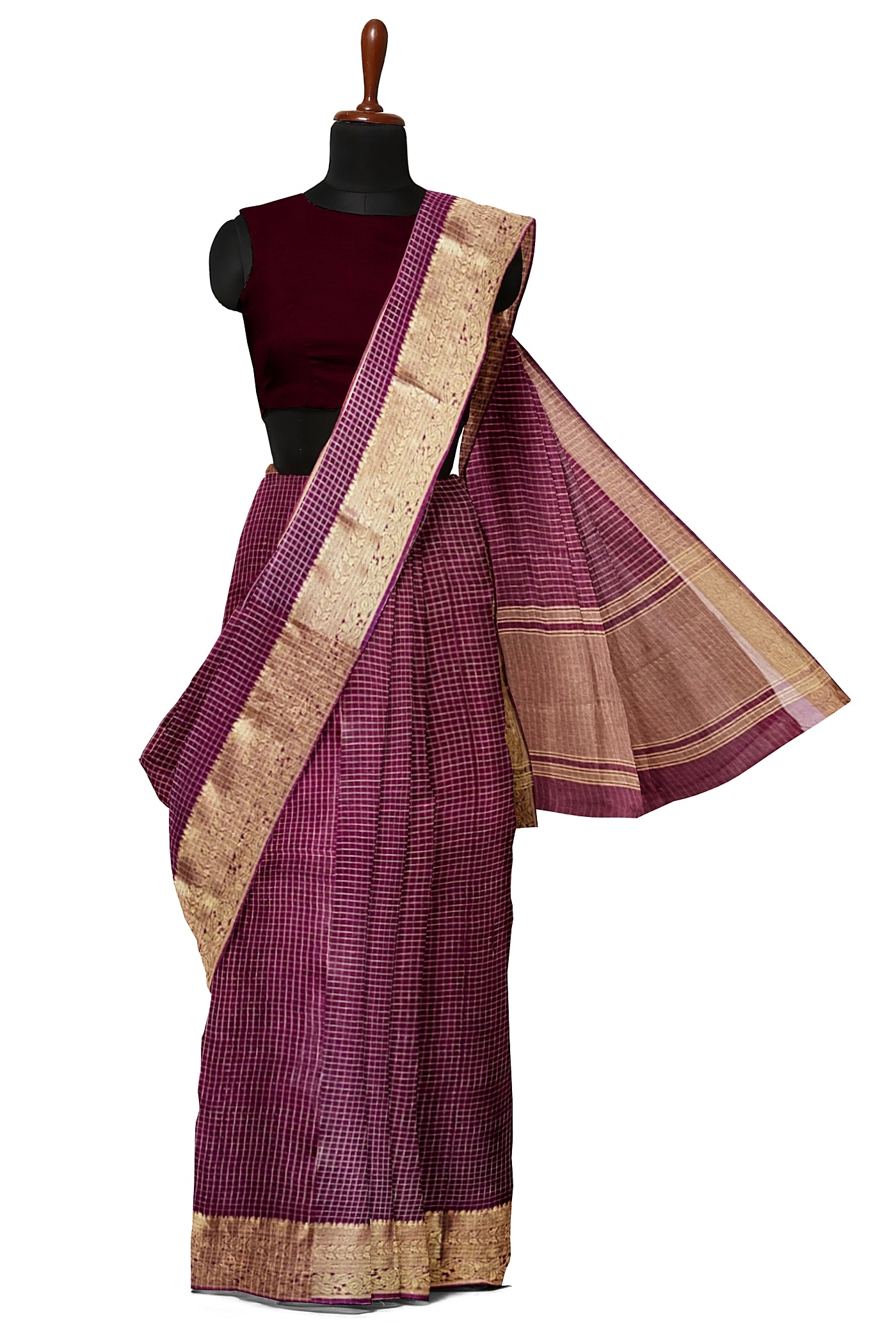 Maroon Georgette Banarasi Saree With Zari Checked Pattern