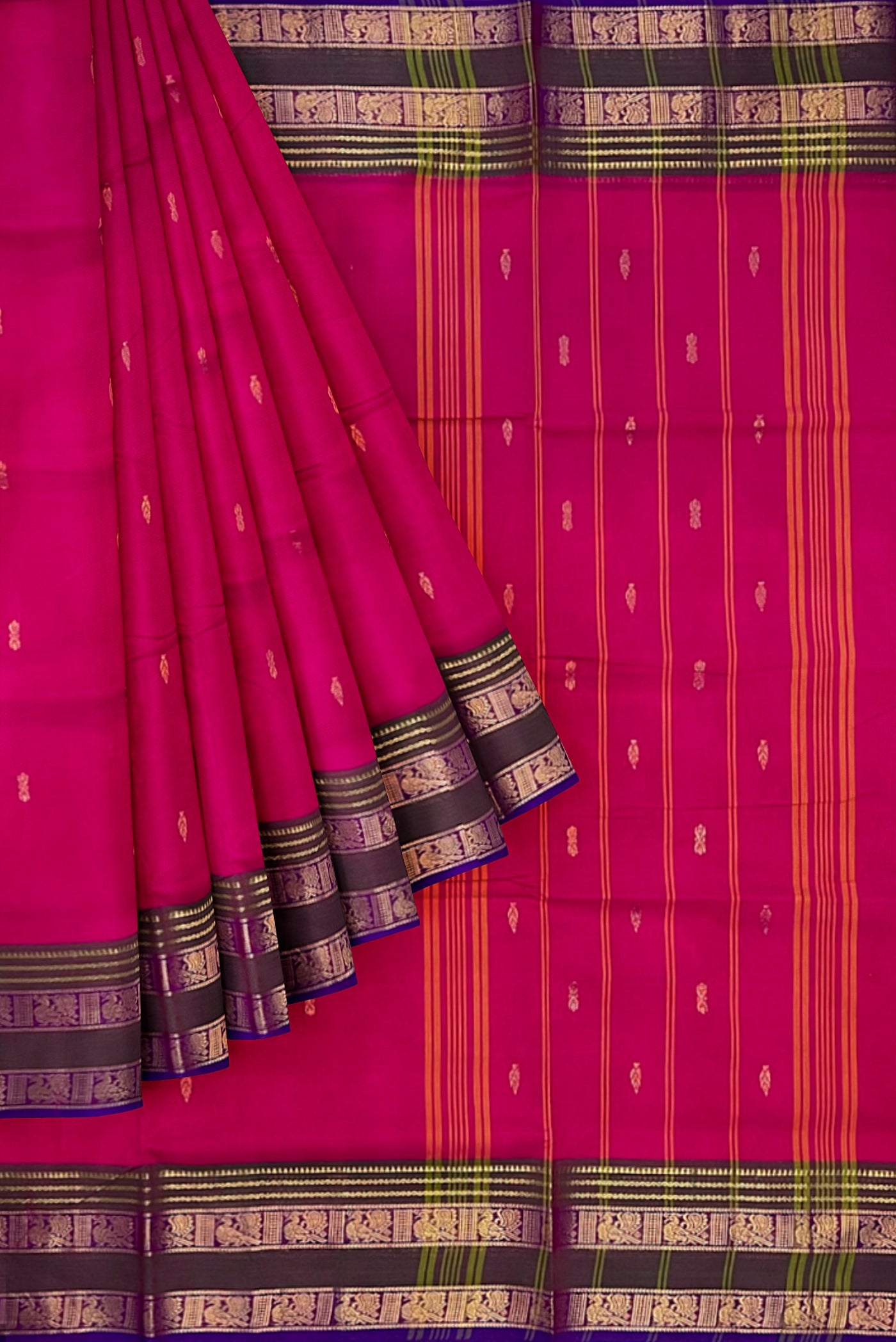 Dark Pink Cotton Saree With Zari Buttas Pattern