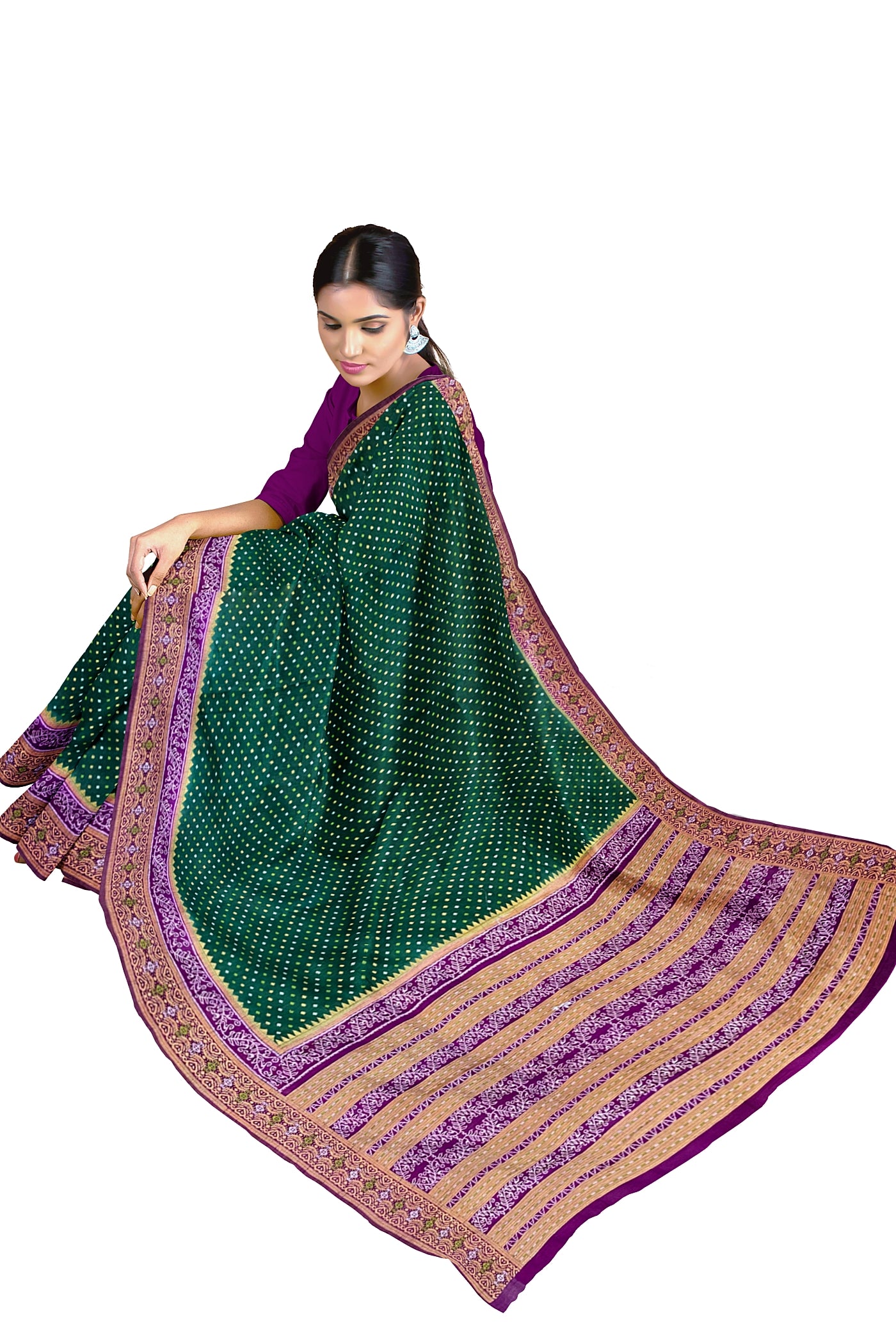 Dark Green Semi Banarasi Saree With Zari Buttas Pattern