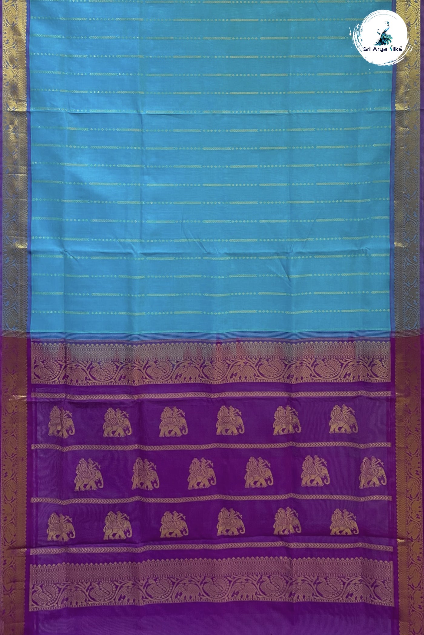 Sea Blue Silk Cotton Saree With Stripes Pattern