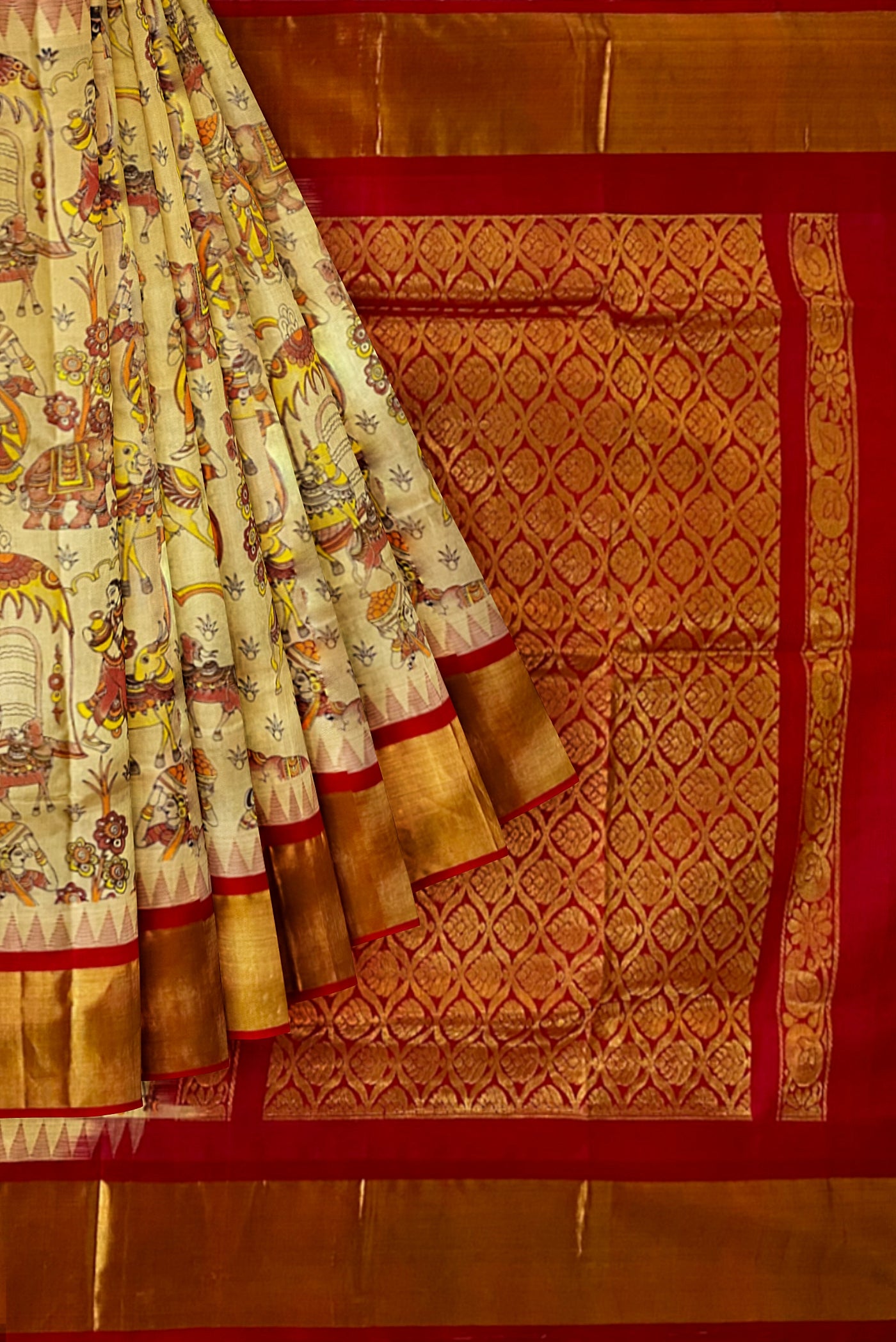 Fawn Korvai Silk Cotton Saree With Kalamkari Pattern