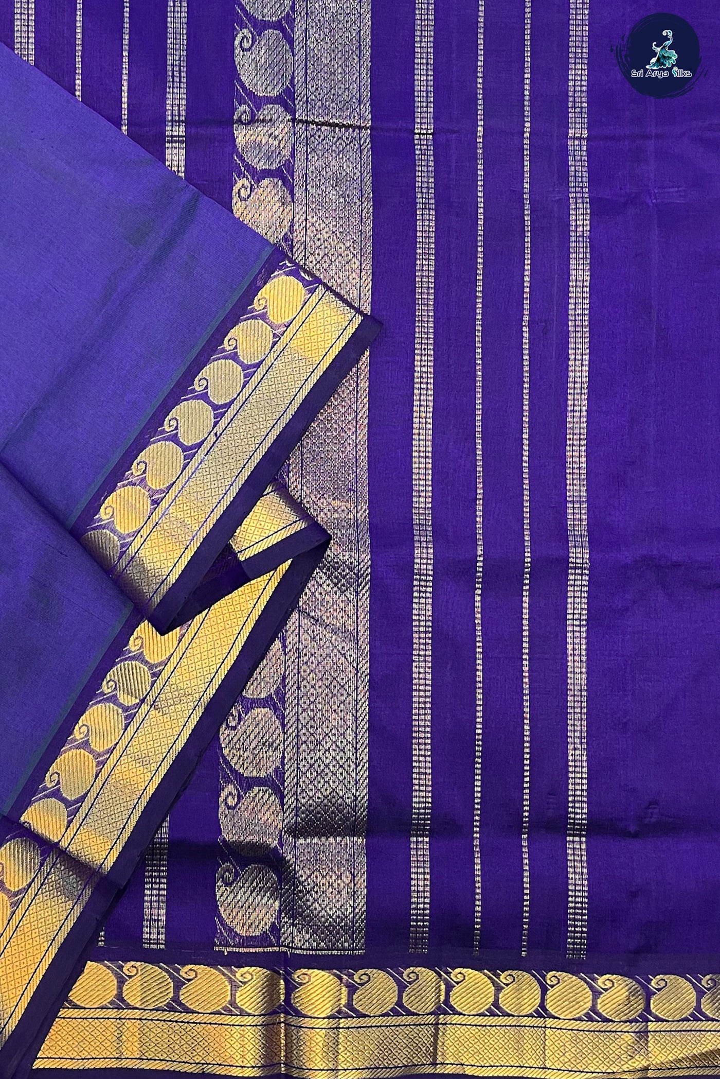 Peacock Blue Madisar Silk Cotton Saree With Plain Pattern