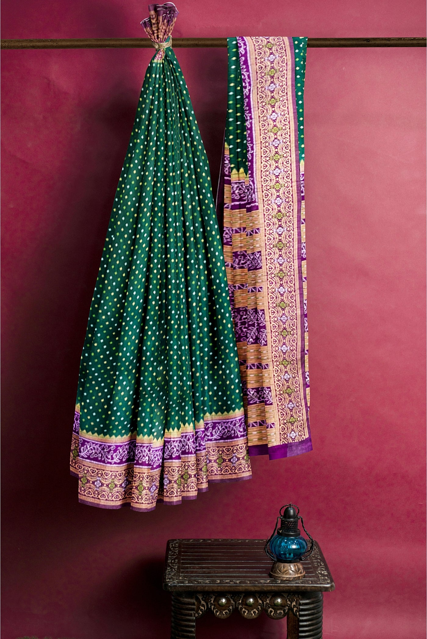 Dark Green Semi Banarasi Saree With Zari Buttas Pattern