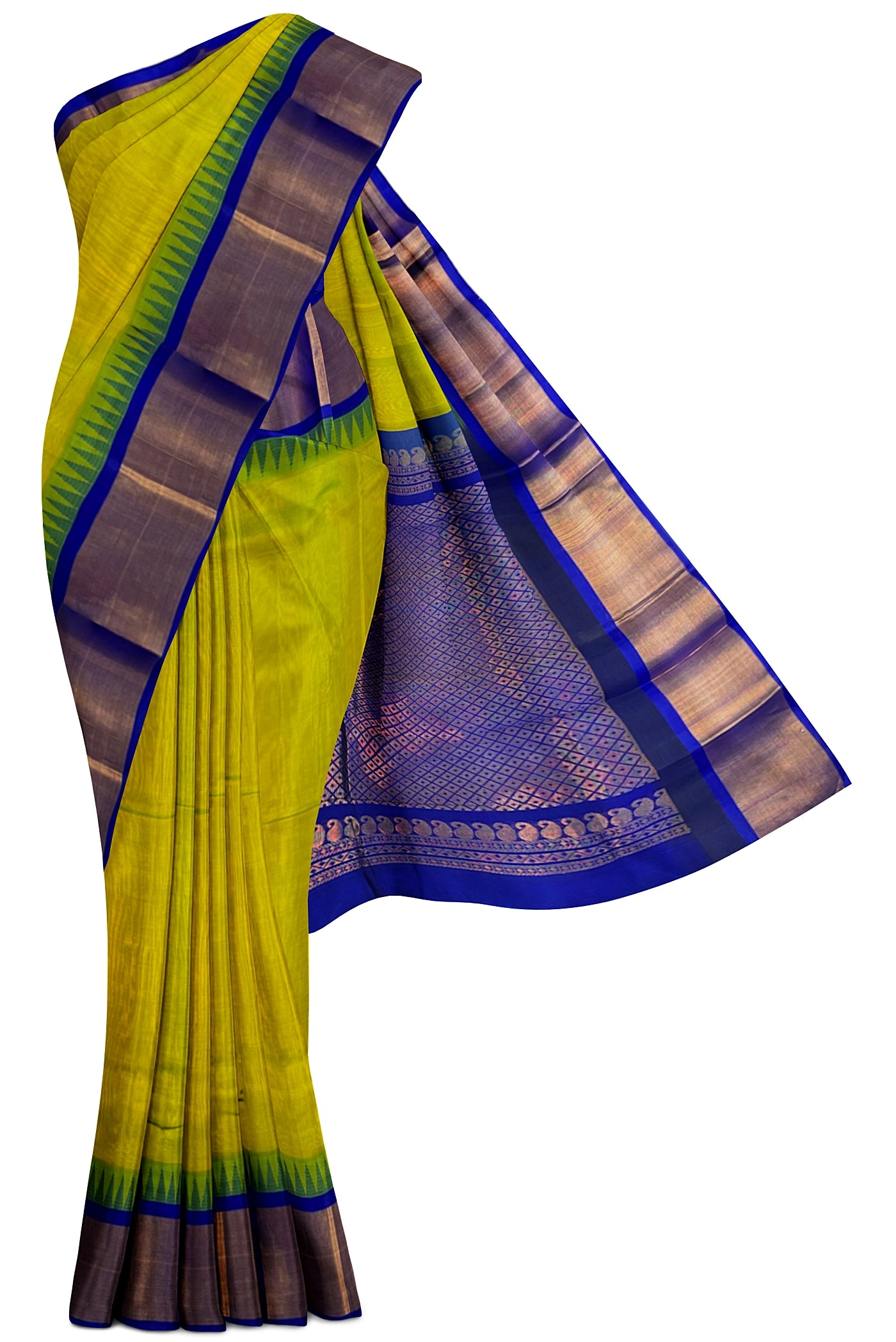 Lime Green Korvai Silk Cotton Saree With Plain Pattern