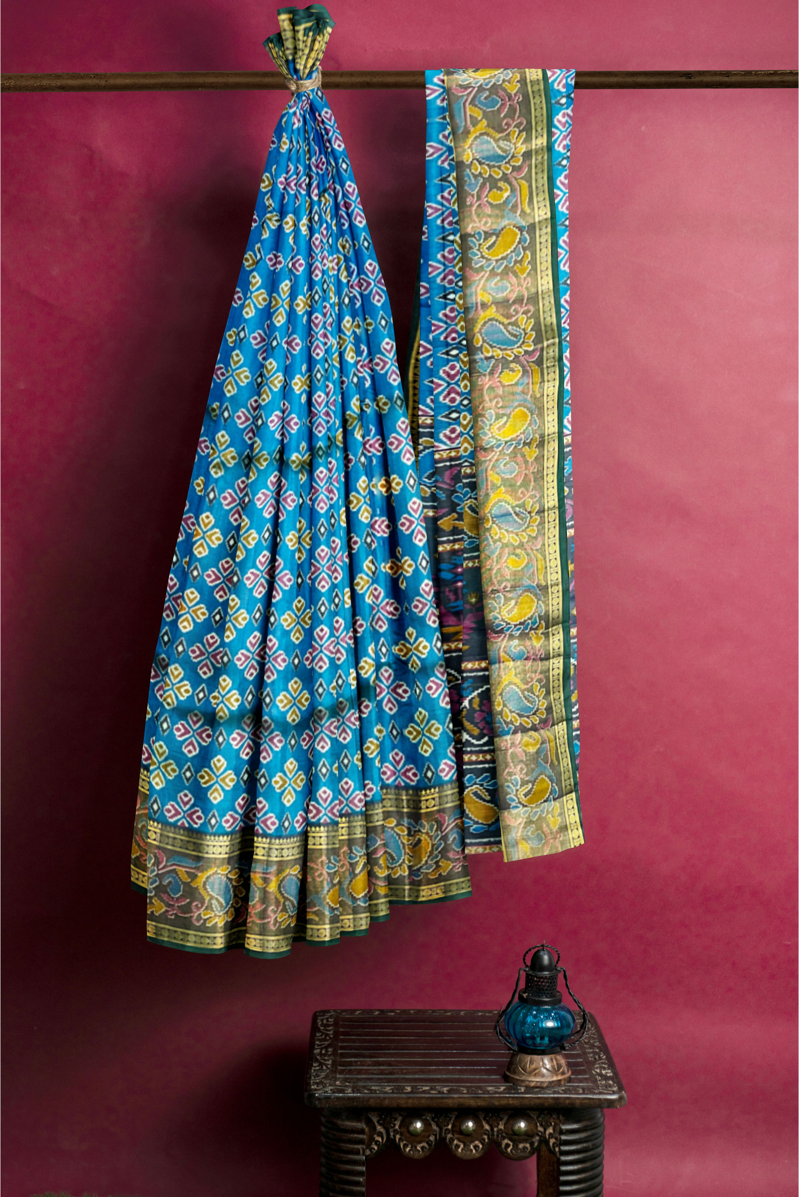 Copper Sulphate Blue Pochampally Saree With Patola Pattern