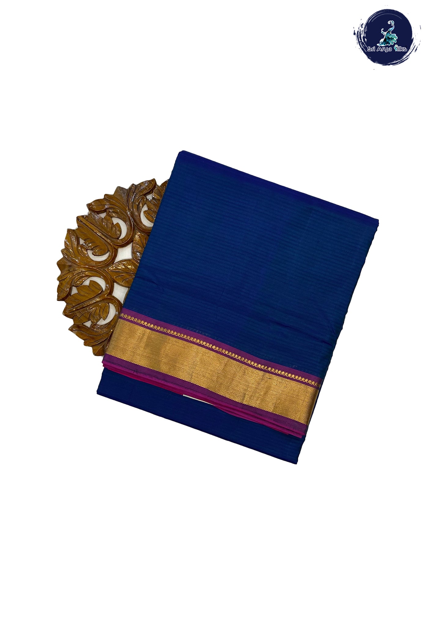 Navy Blue Madisar 10 Yards Silk Saree With Plain Pattern