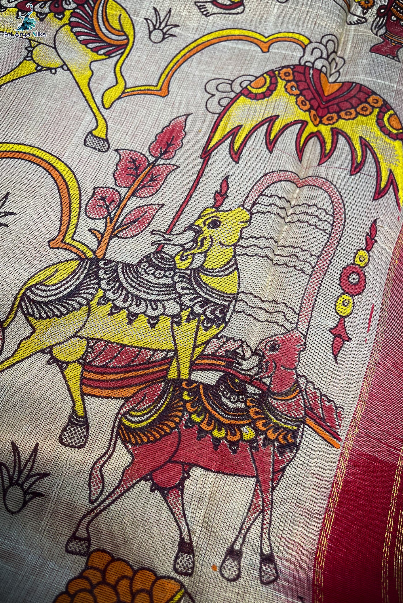 Fawn Korvai Silk Cotton Saree With Kalamkari Pattern