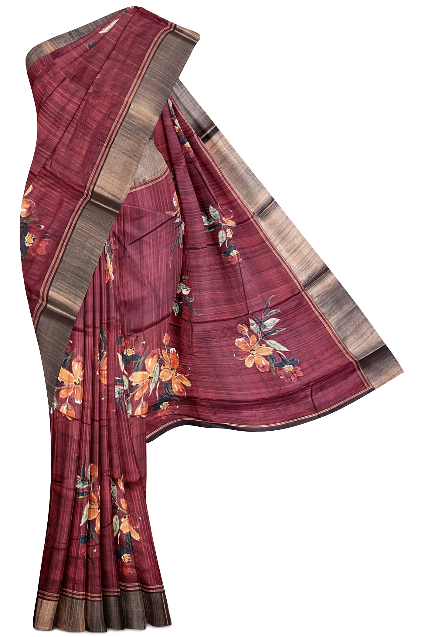 Maroon Office Wear Saree With Floral Pattern
