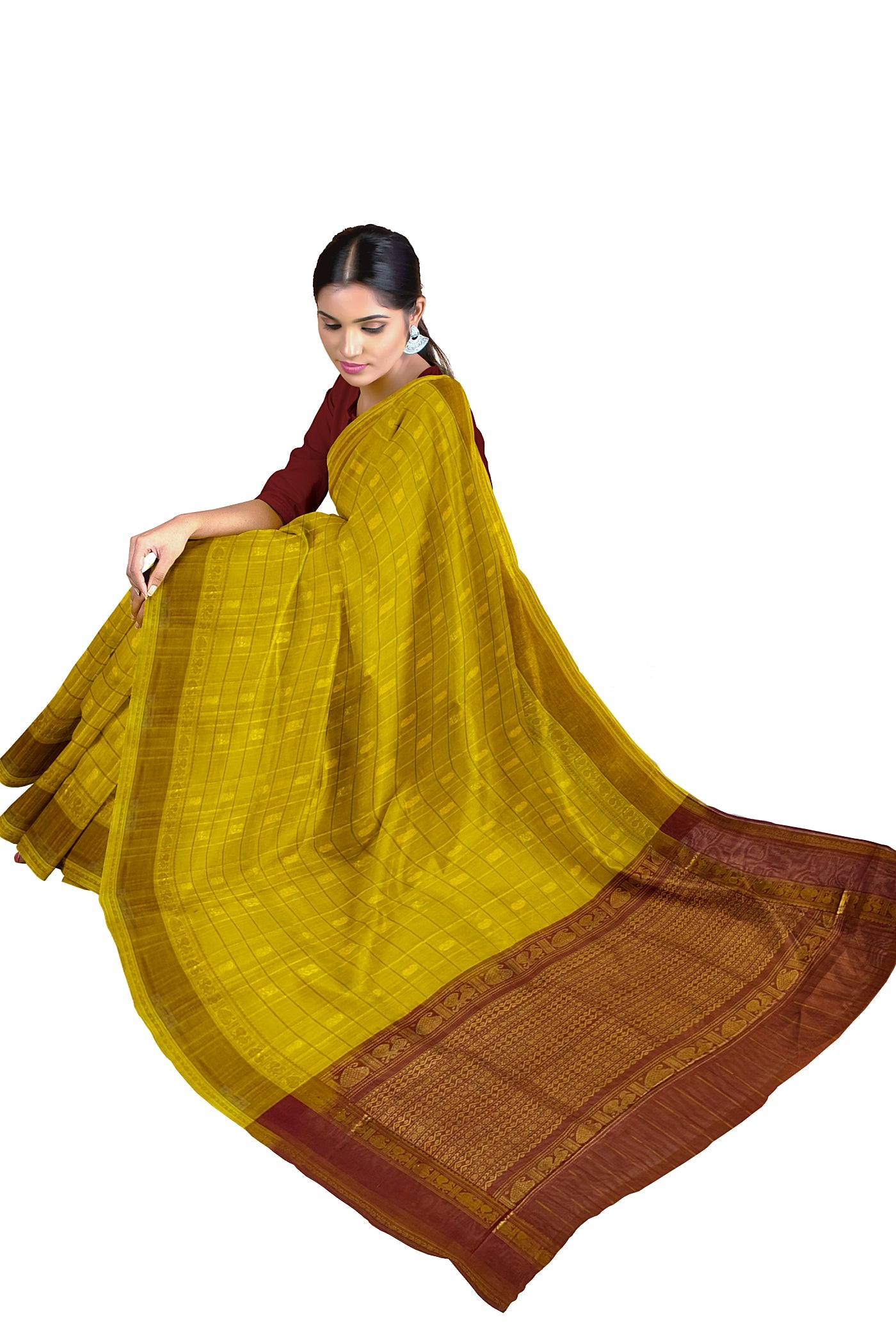Mustard Yellow Checked Saree With Zari Buttas Pattern
